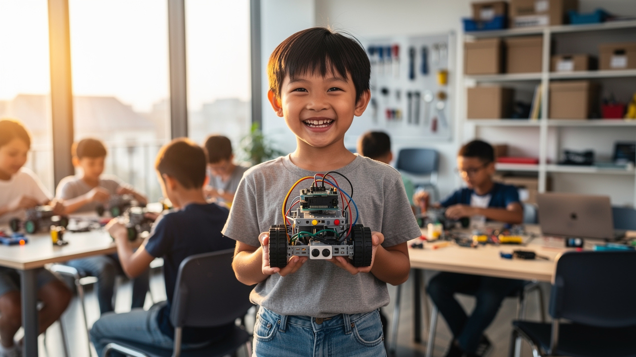 Happy child proudly holding completed robot in class