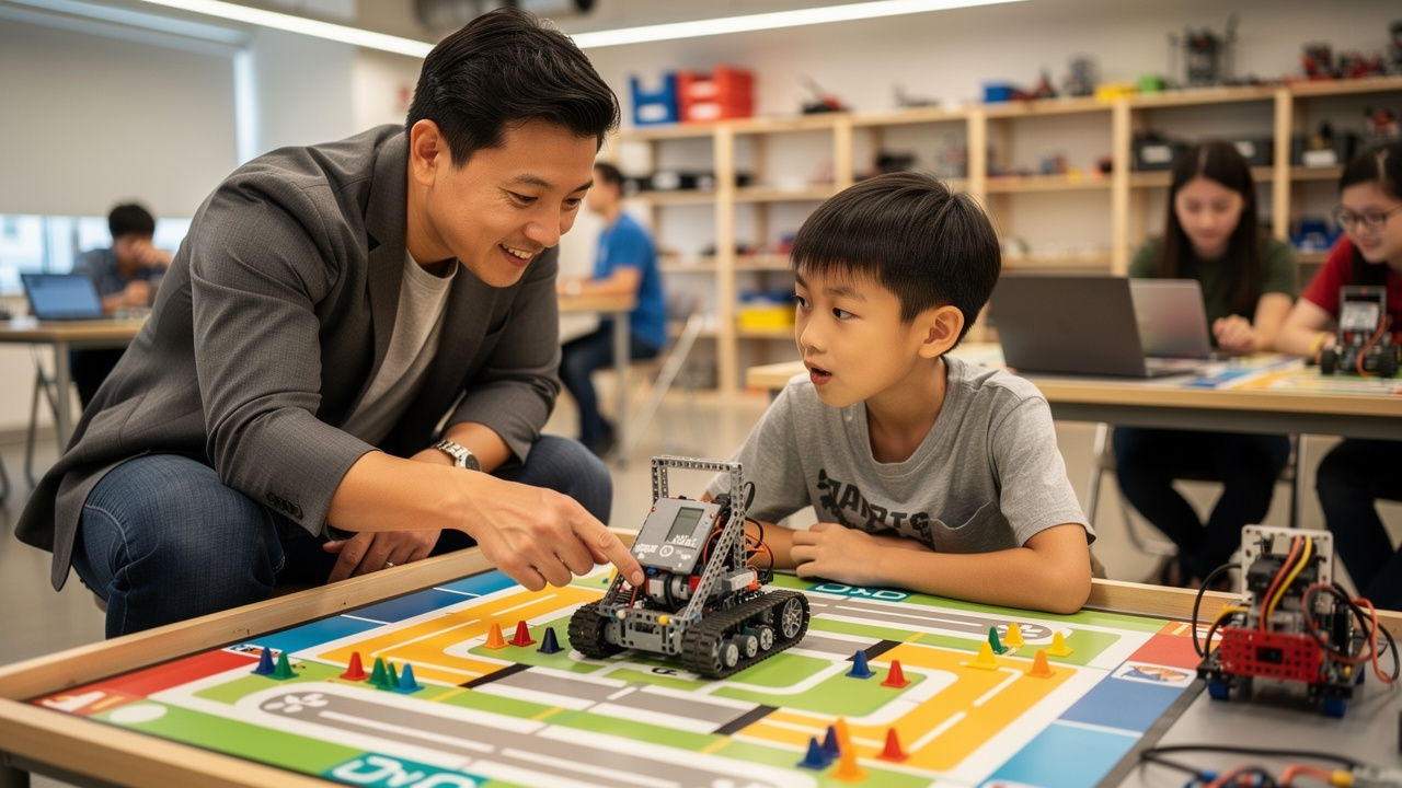 Instructor guiding a student through a robotics challenge