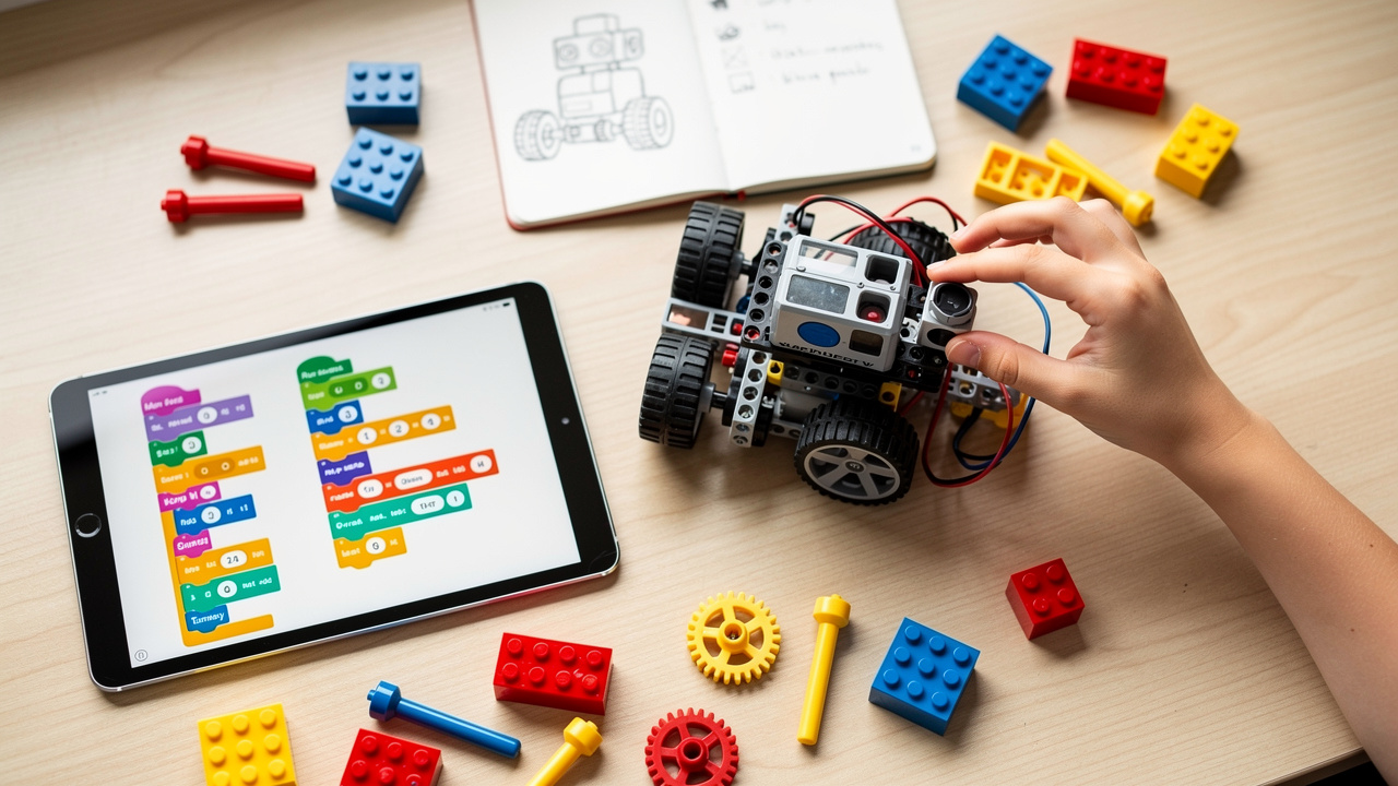 Robotics class tools including robot kit and coding tablet