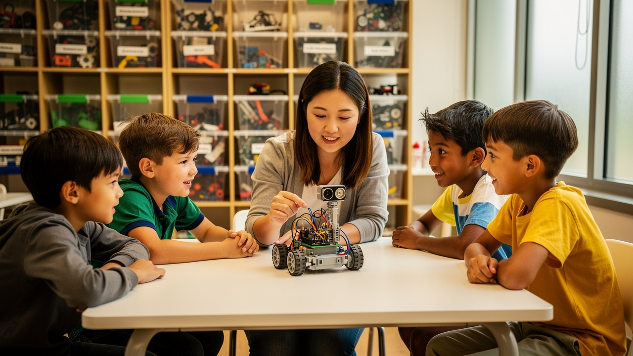 Expert instructor guiding a small group of students through a robotics coding activity