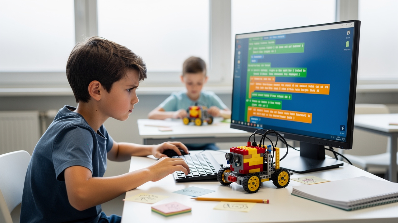 Young boy solving coding challenges with robot and computer screen