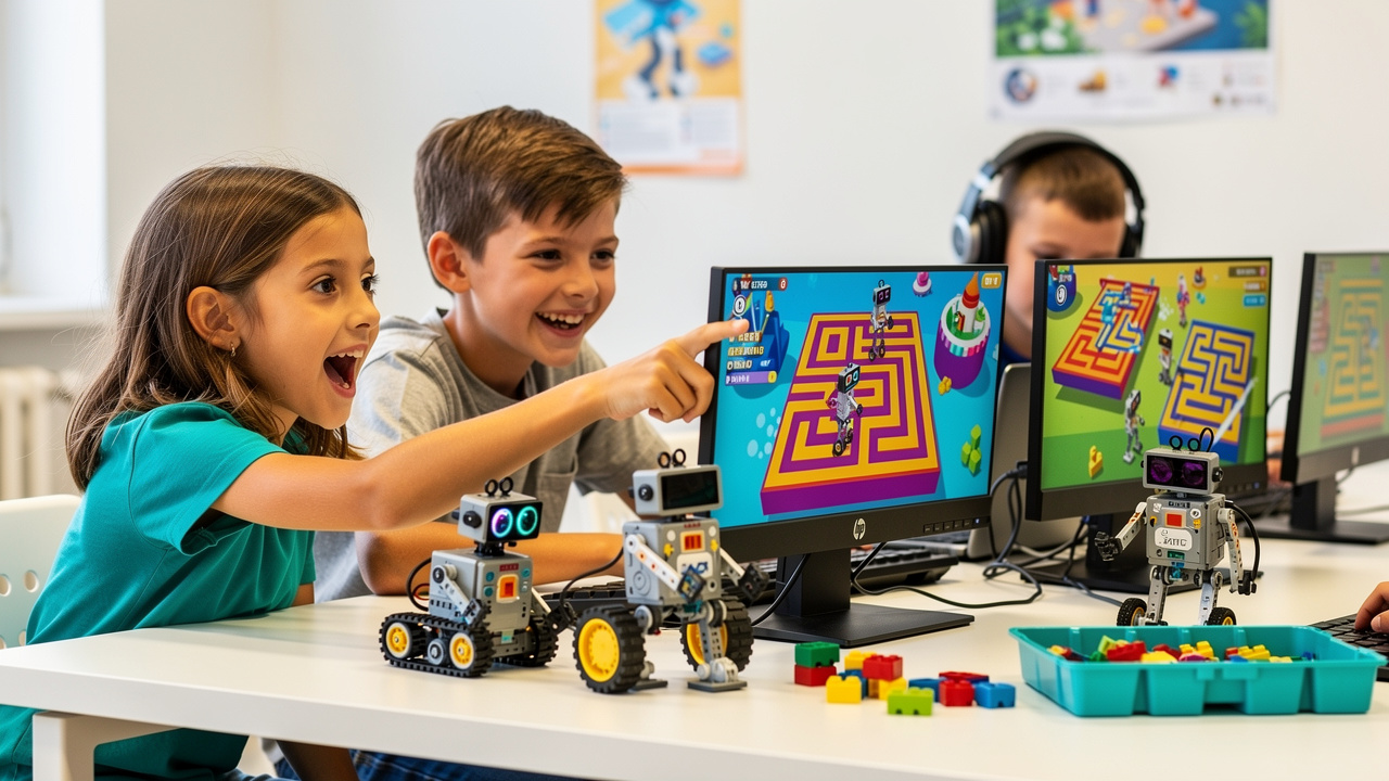 Children working on Scratch game projects in a structured coding workshop