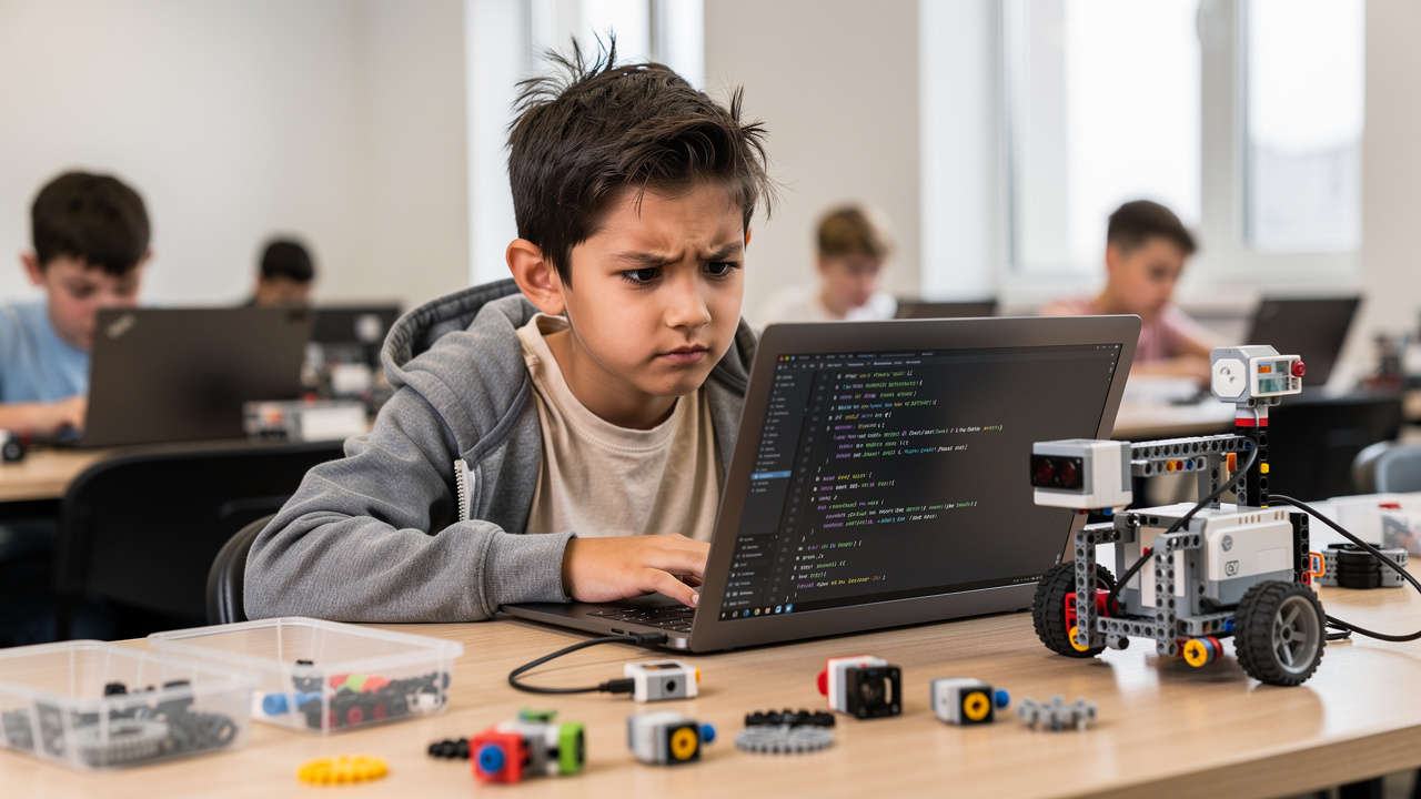 Young boy debugging robot code in robotics class