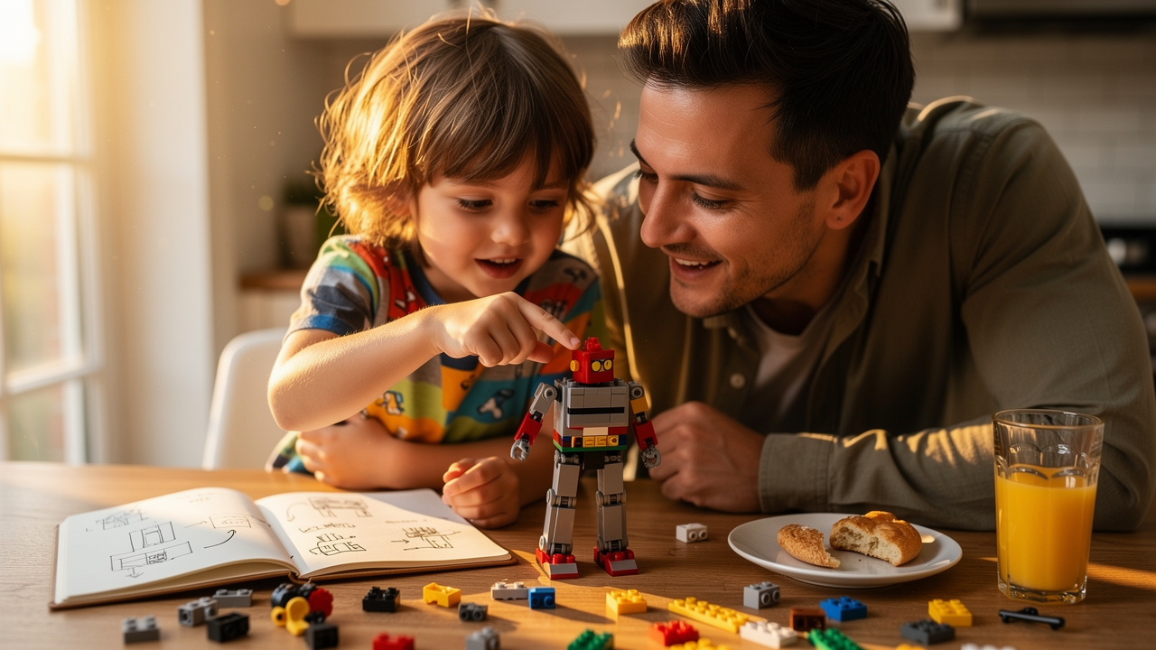 Parent and child exploring robotics project at home together