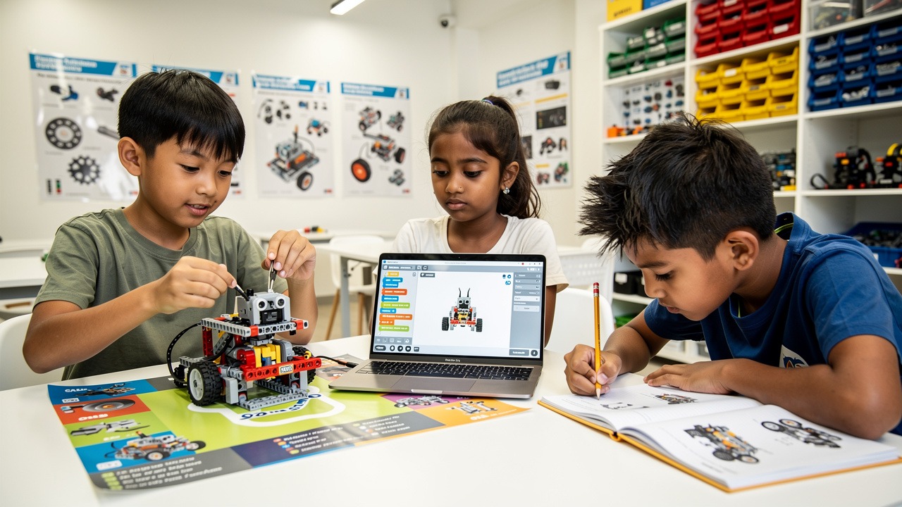 Three children filling distinct roles on a robotics competition team