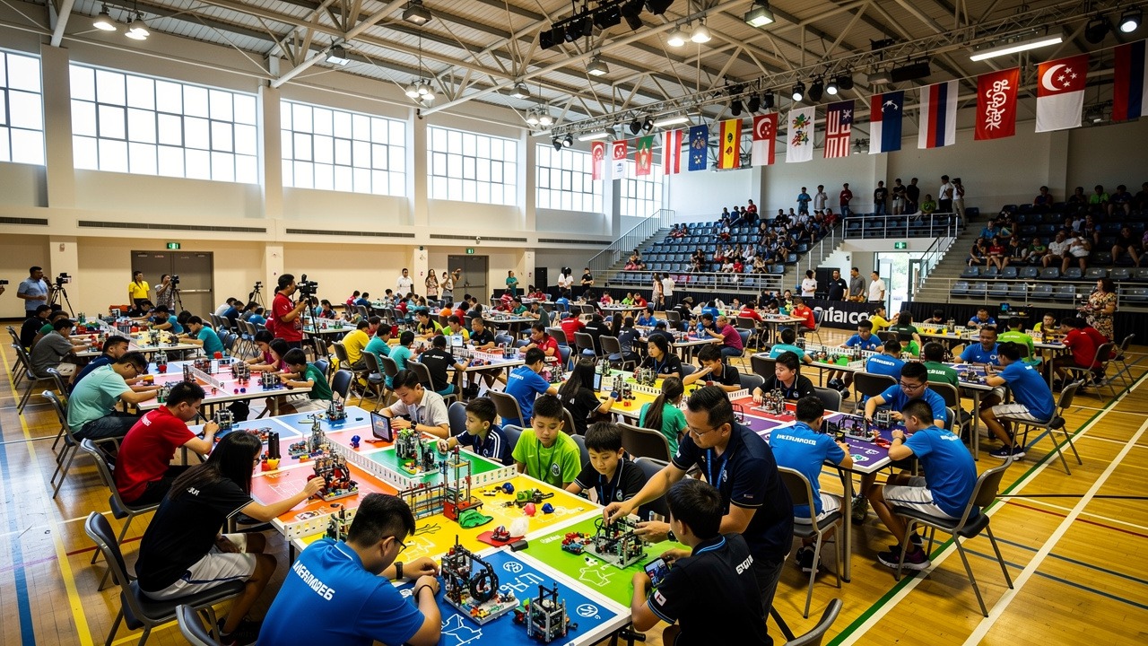 Wide view of a Singapore national robotics competition arena