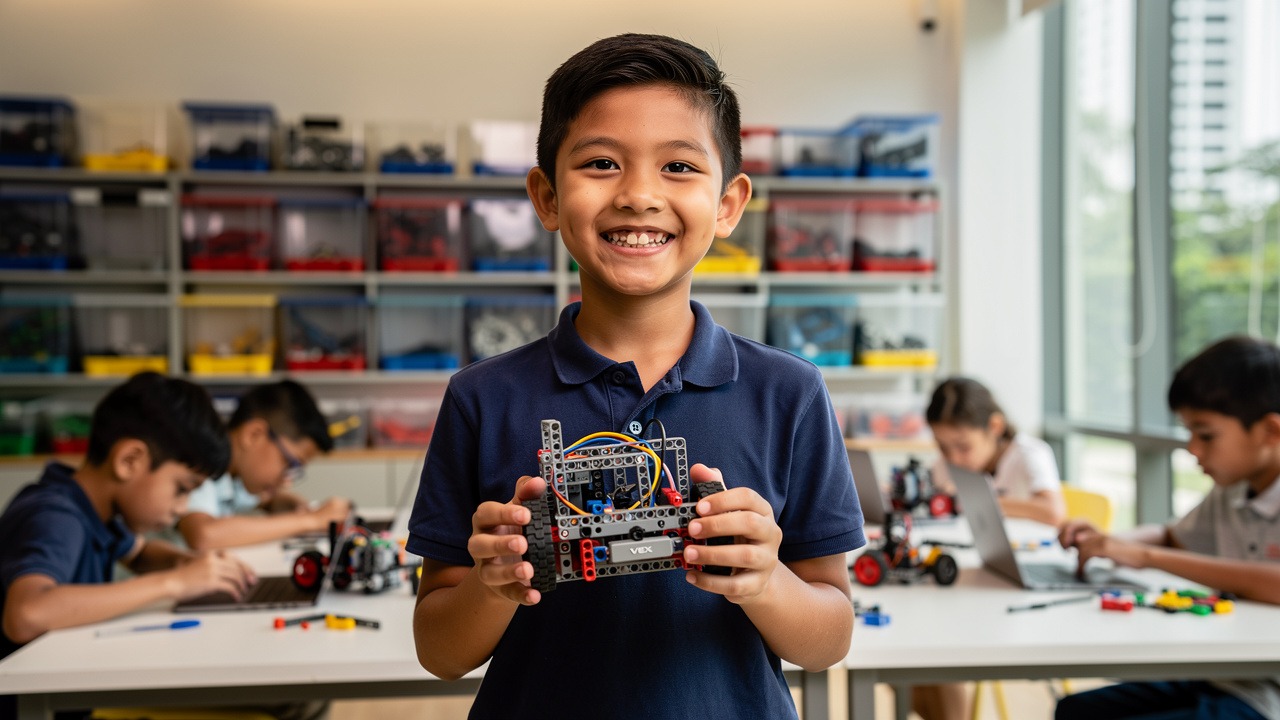 Proud boy holding a finished VEX IQ robot at a robotics academy