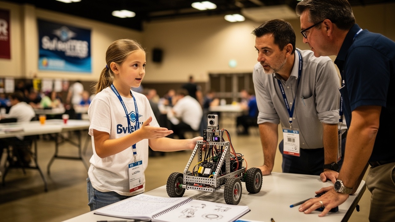 Young girl confidently presenting robotics project to competition judges