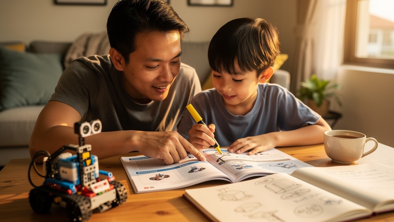 Parent and child reviewing robotics competition rules together at home
