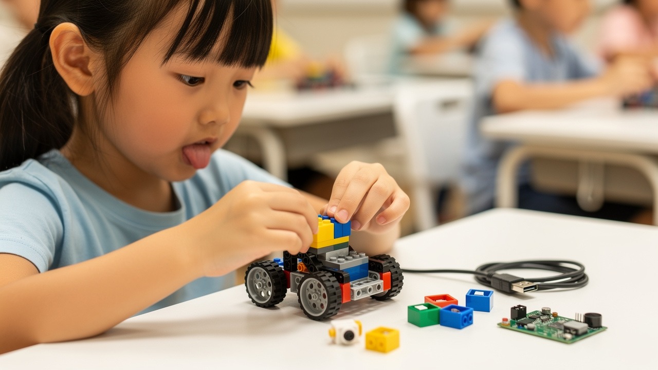 Young girl assembling a LEGO robot in STEM class