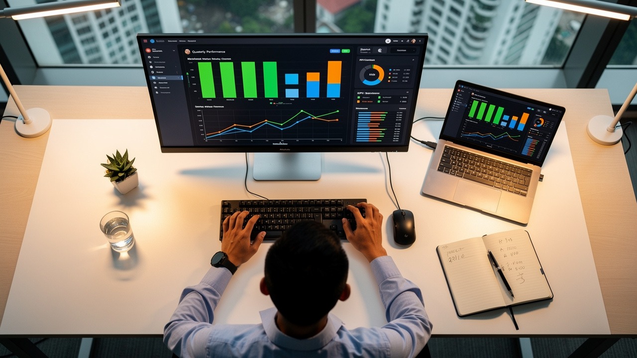 Business leader reviewing analytics data on office monitor