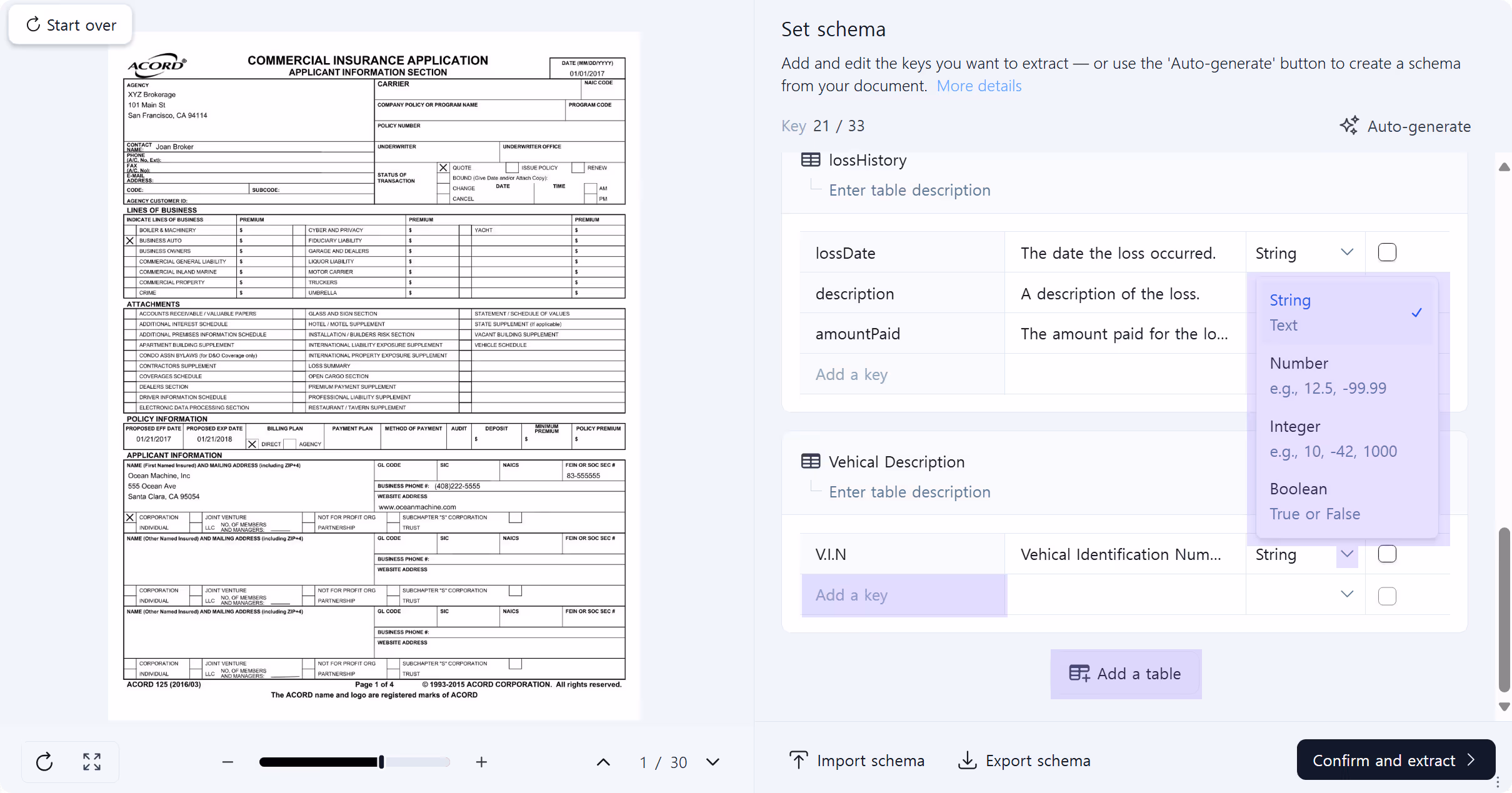Adding a VIN lookup field with data type selection in the schema editor