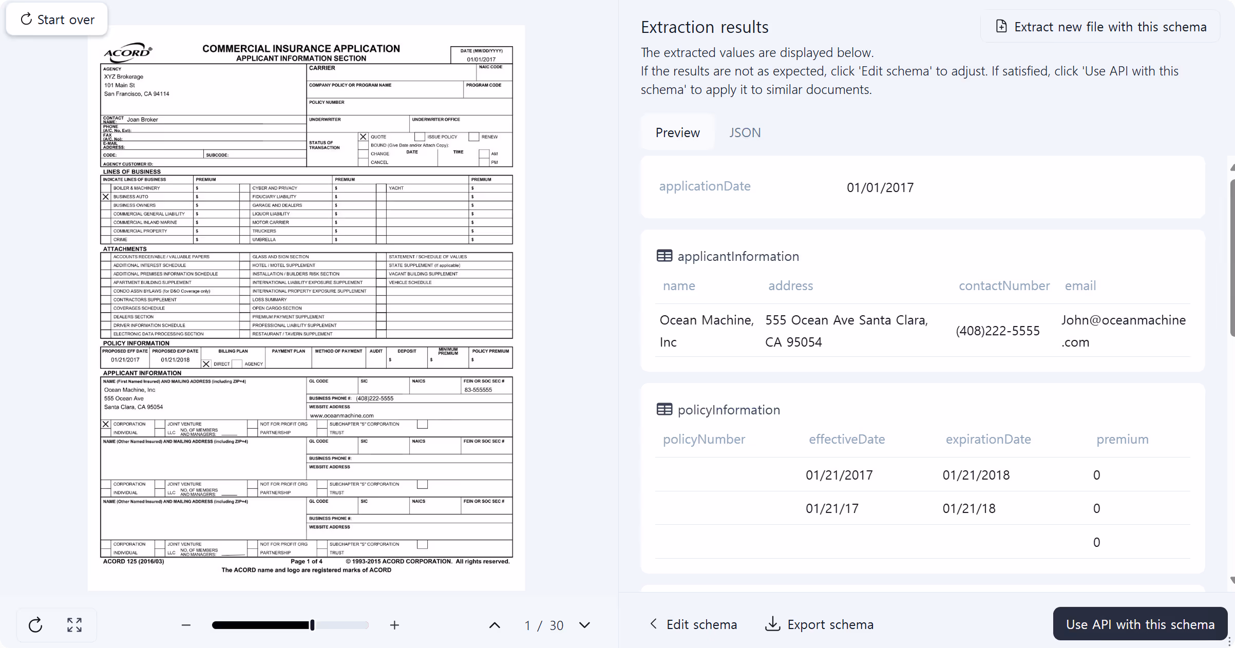 Extraction result list with each value linked to page numbers and coordinate-based citations