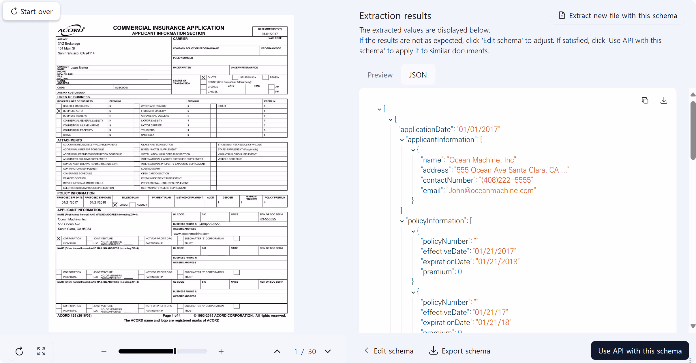 JSON output showing applicant, policy dates, coverage details and loss history extracted from insurance documents