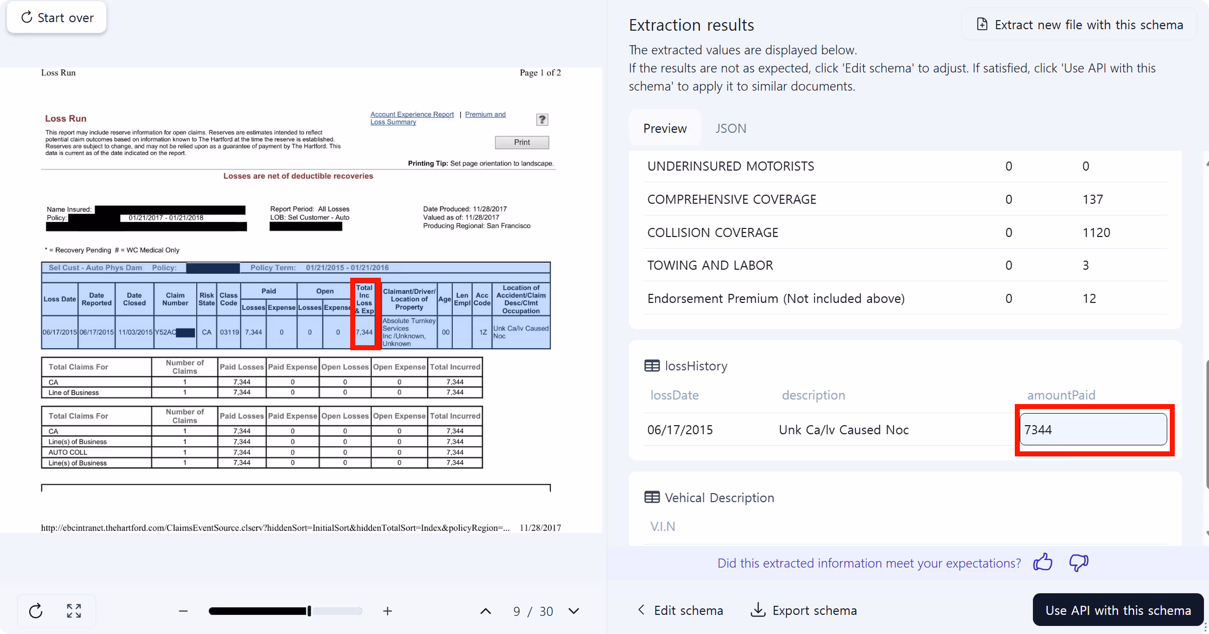 Document viewer highlighting the exact table cell for Total Incurred Loss with page and bounding box coordinates