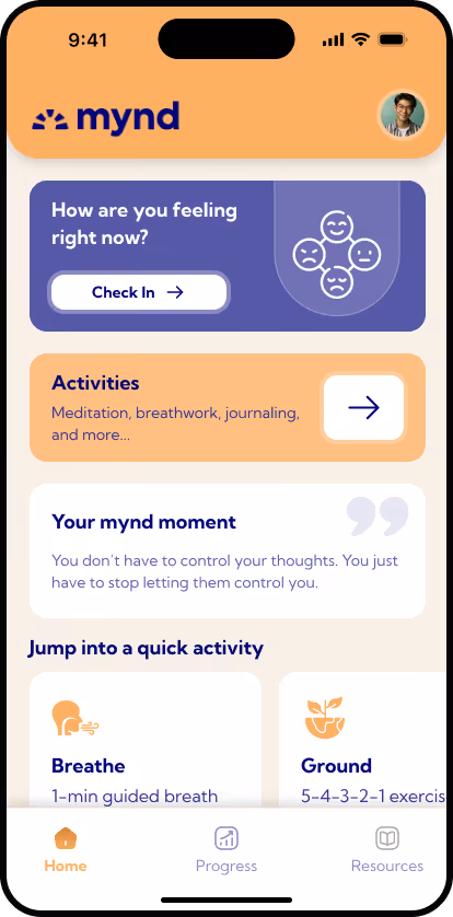 mynd app screen showing mental health features including mood check-in, activities like meditation and breathwork, a motivational quote, and quick activities Breathe and Ground. Navigation bar with Home, Progress, and Resources icons is visible at the bottom.