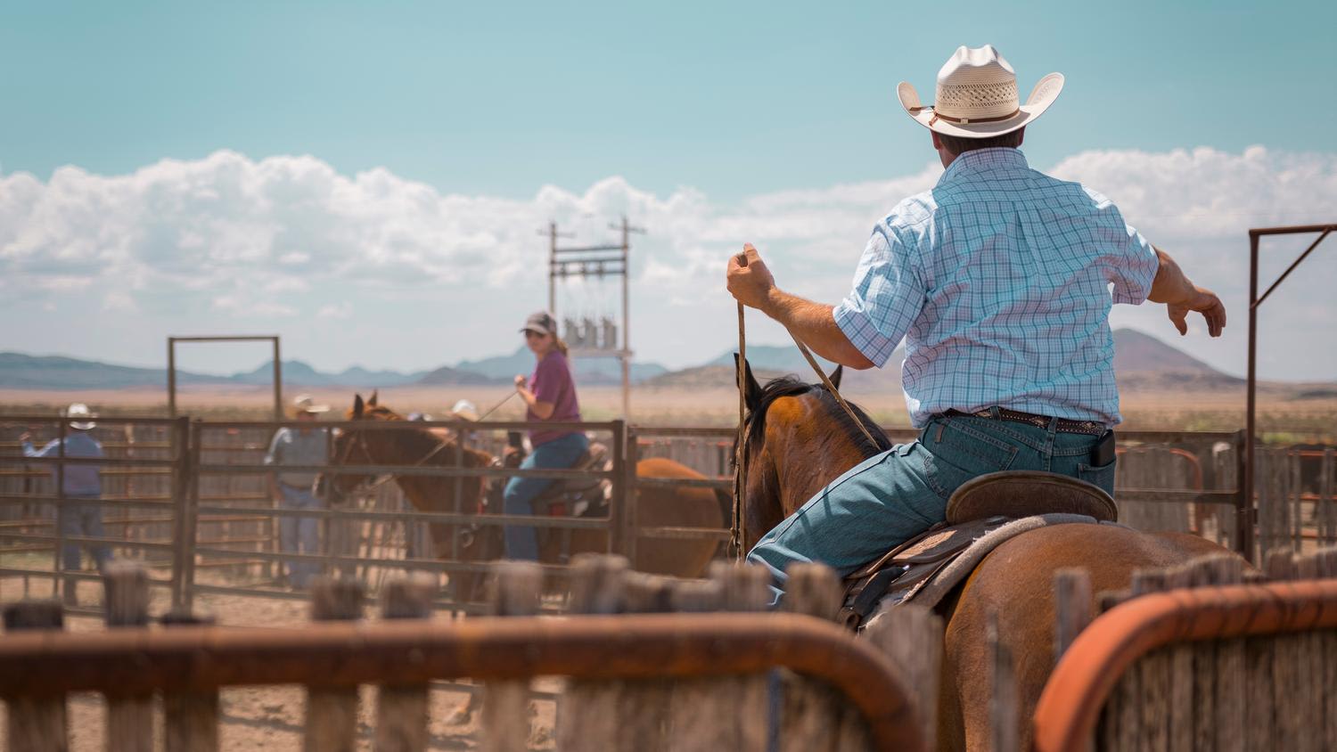 A cowboy in a straw hat and plaid blue shirt sits mounted on horseback at a rodeo arena, viewed from behind as he oversees the action. The vast desert landscape stretches into the distance under soft clouds, with metal corrals and other participan...