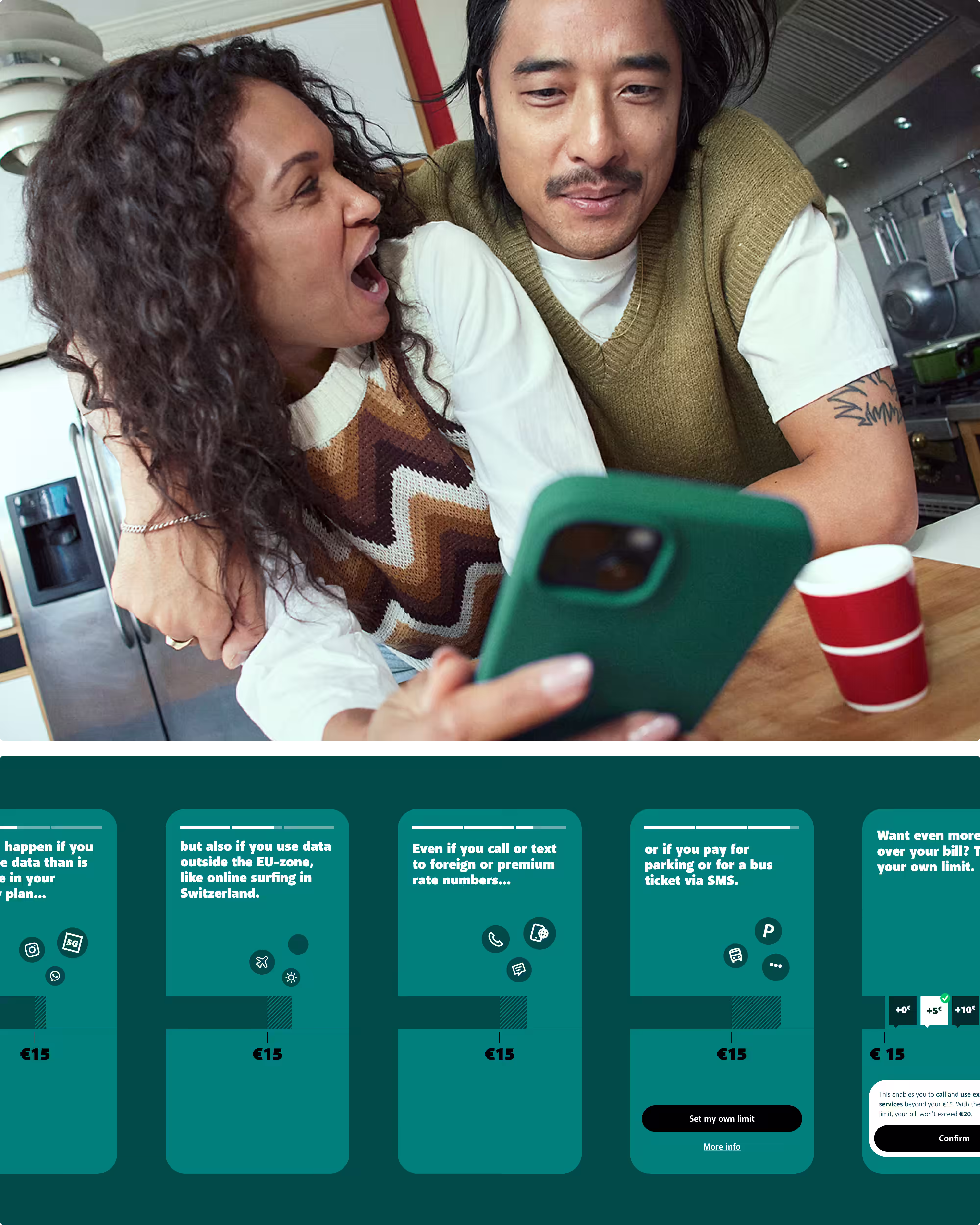 A collage of UI elements. Like mobile telecom app screens.