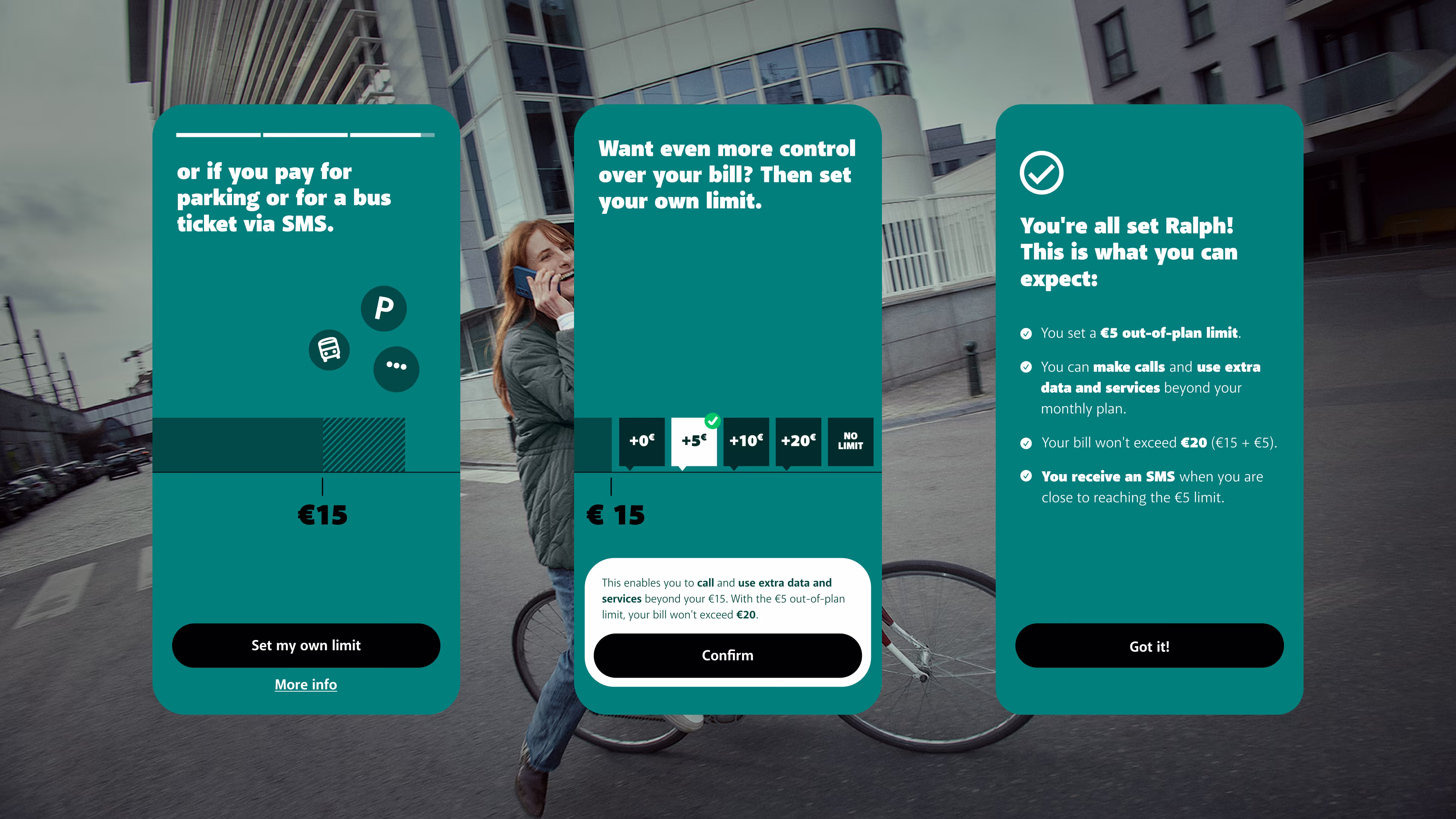Three mobile MyBASE-app screens on top of an image where a woman is calling on a bicycle.