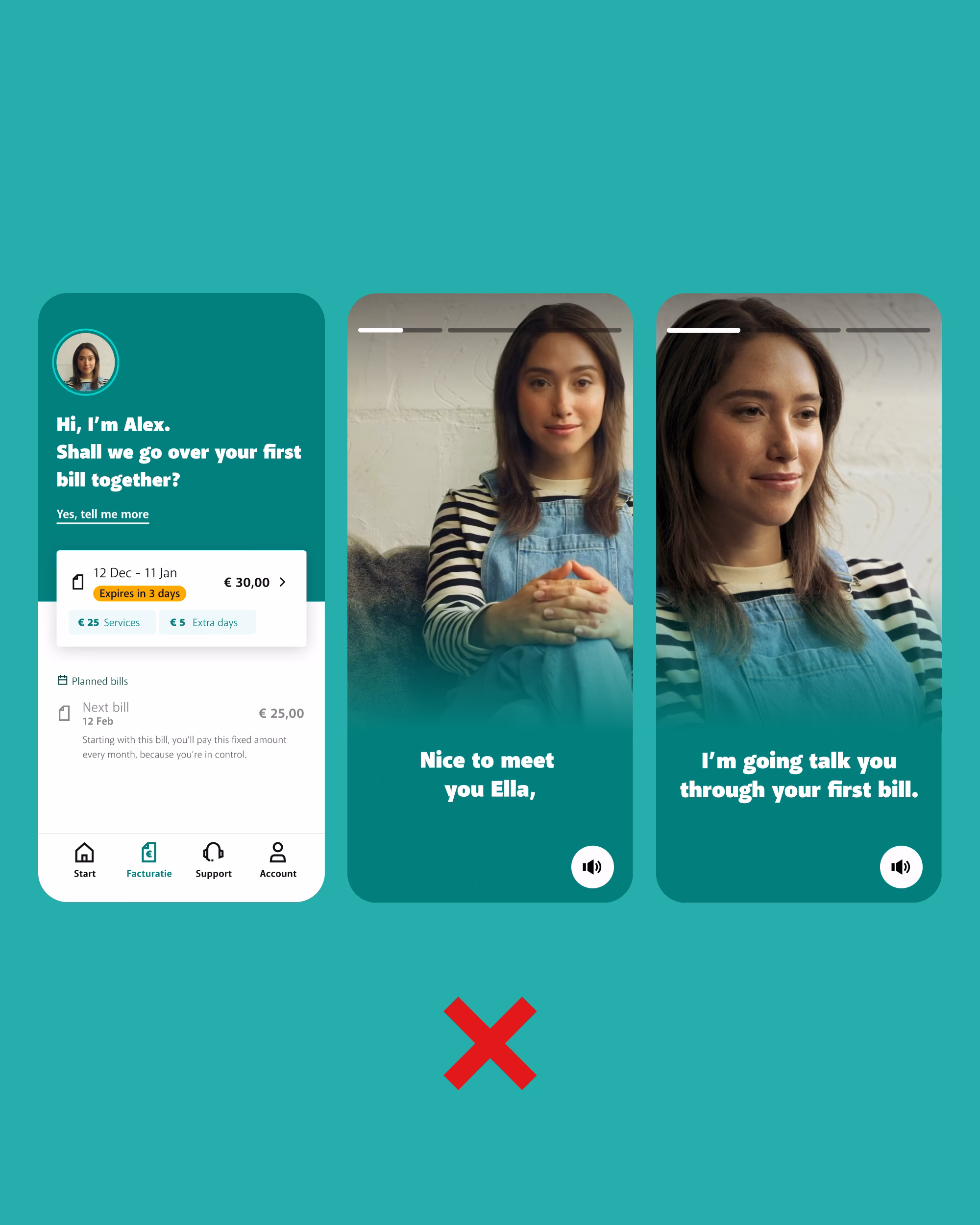 Three concept mobile app screens of an AI woman on a plain background. At the bottom is a red cross.