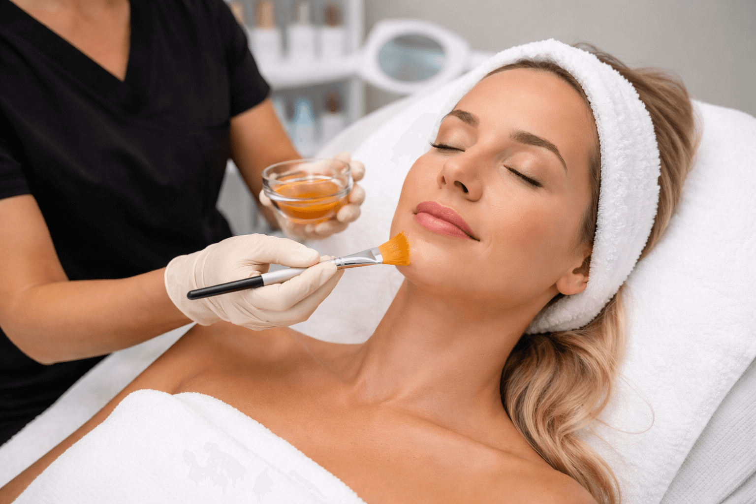 Patient receiving a professional chemical peel treatment at Elite Medspa in Topsfield, Massachusetts