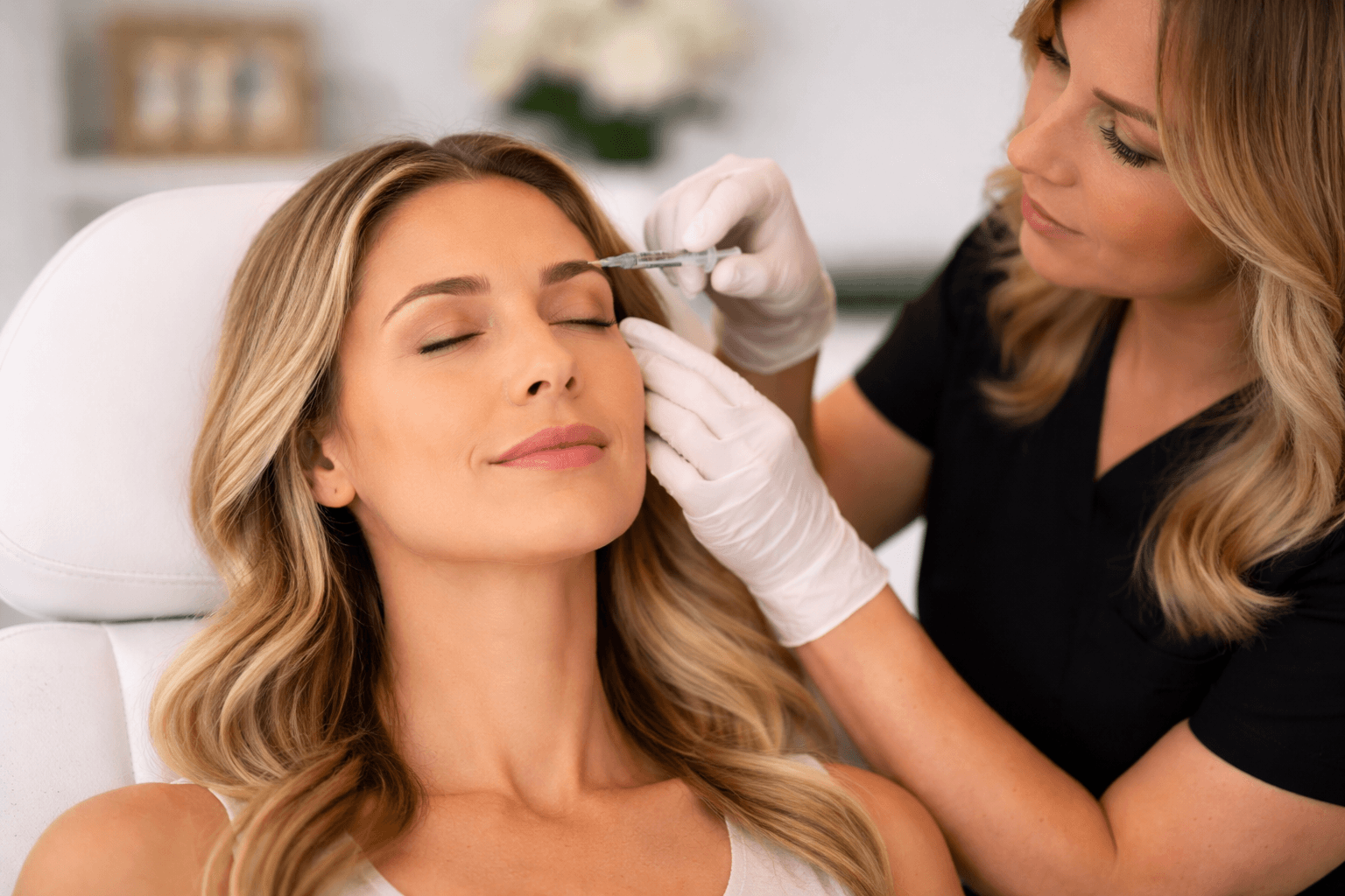 Provider administering Dysport injection to smooth forehead lines in Topsfield, Massachusetts at Elite Medspa