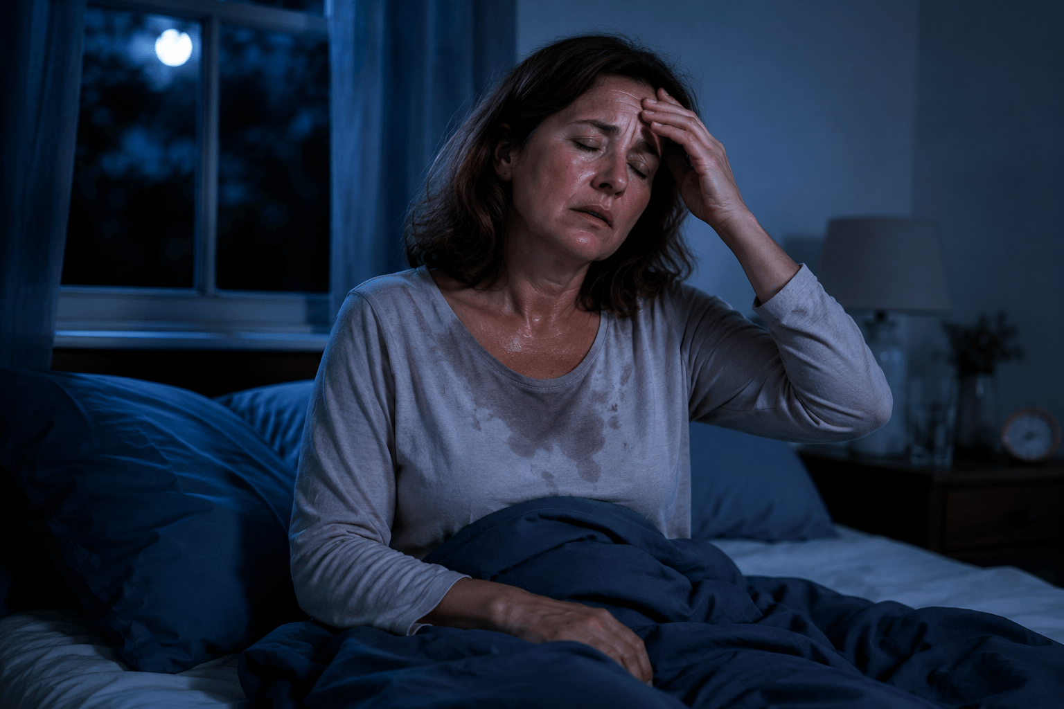 Woman experiencing menopause-related night sweats discussing Hormone Replacement Therapy in Needham, Massachusetts