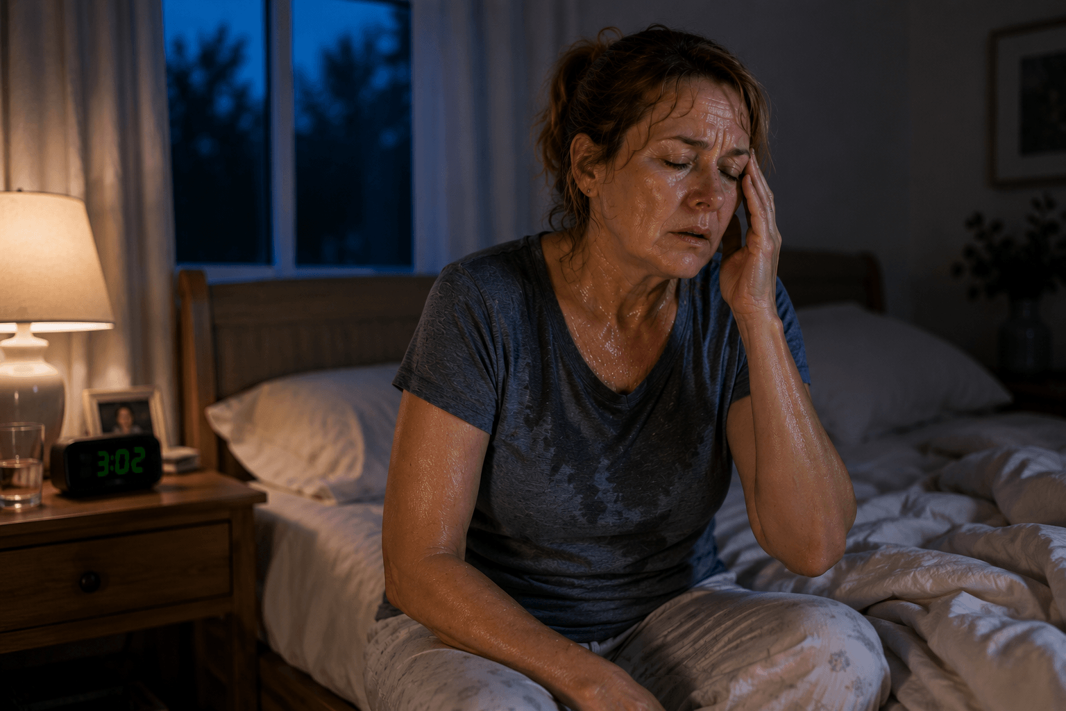 Woman experiencing menopause-related night sweats and sleep disruption in Topsfield, Massachusetts