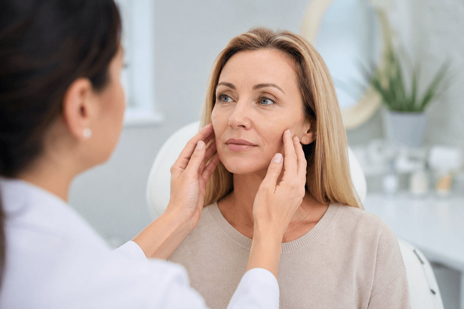  Patient consultation discussing cheek volume loss and dermal filler treatment options at Elite MedSpa in Topsfield, Massachusetts.