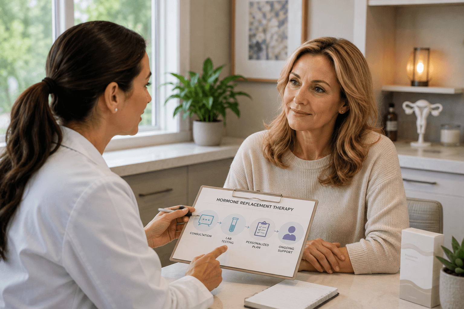 Patient consulting with a provider about hormone replacement treatment at a med spa in Needham, Massachusetts