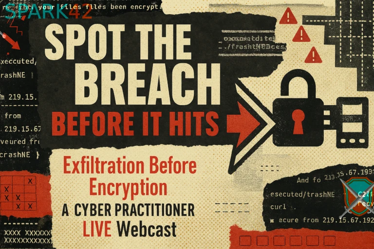 A promotional banner for a live cybersecurity webcast on detecting ransomware attacks during the exfiltration stage—before encryption begins—hosted by the SPARK42 team.