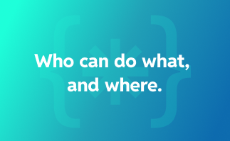 White text reading 'Who can do what, and where.' on a blue-green gradient background with faint curly braces.