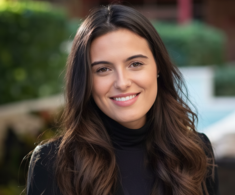 Smiling young woman with long brown hair wearing a black turtleneck outdoors.
