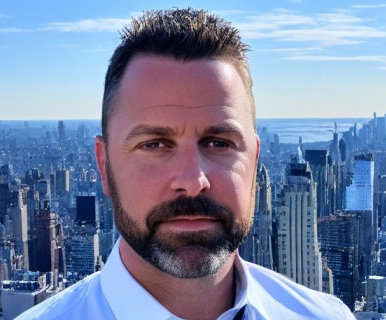 Man with short dark hair and beard standing in front of a city skyline with skyscrapers under a blue sky.