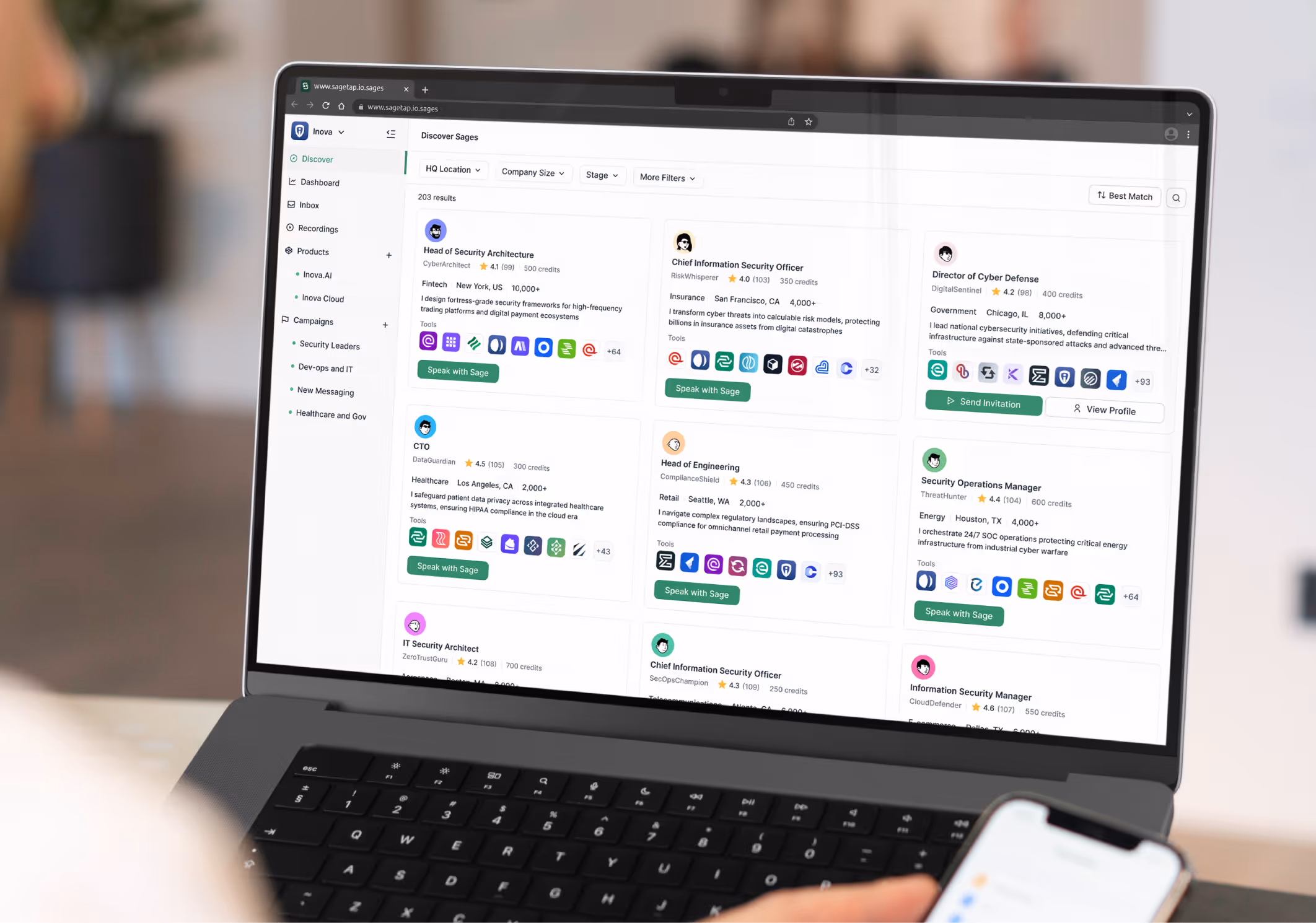Screenshot of SageTap AI optimization dashboard showing project details, vendor statuses, comments, and James's profile as Chief Information Security Officer.