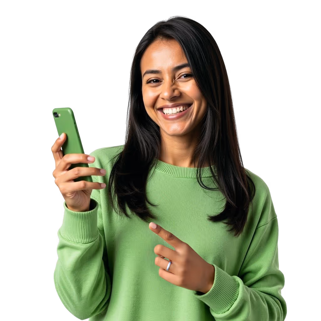 Una señora se encuentra en su teléfono y sonríe felizmente a la cámara