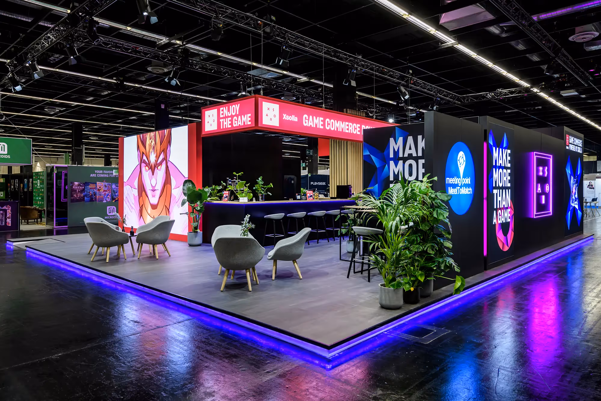 Gamescom Booth von Xsolla auf der Gamescom in Köln, umgesetzt von der Agentur für Messe und Event fivekit.