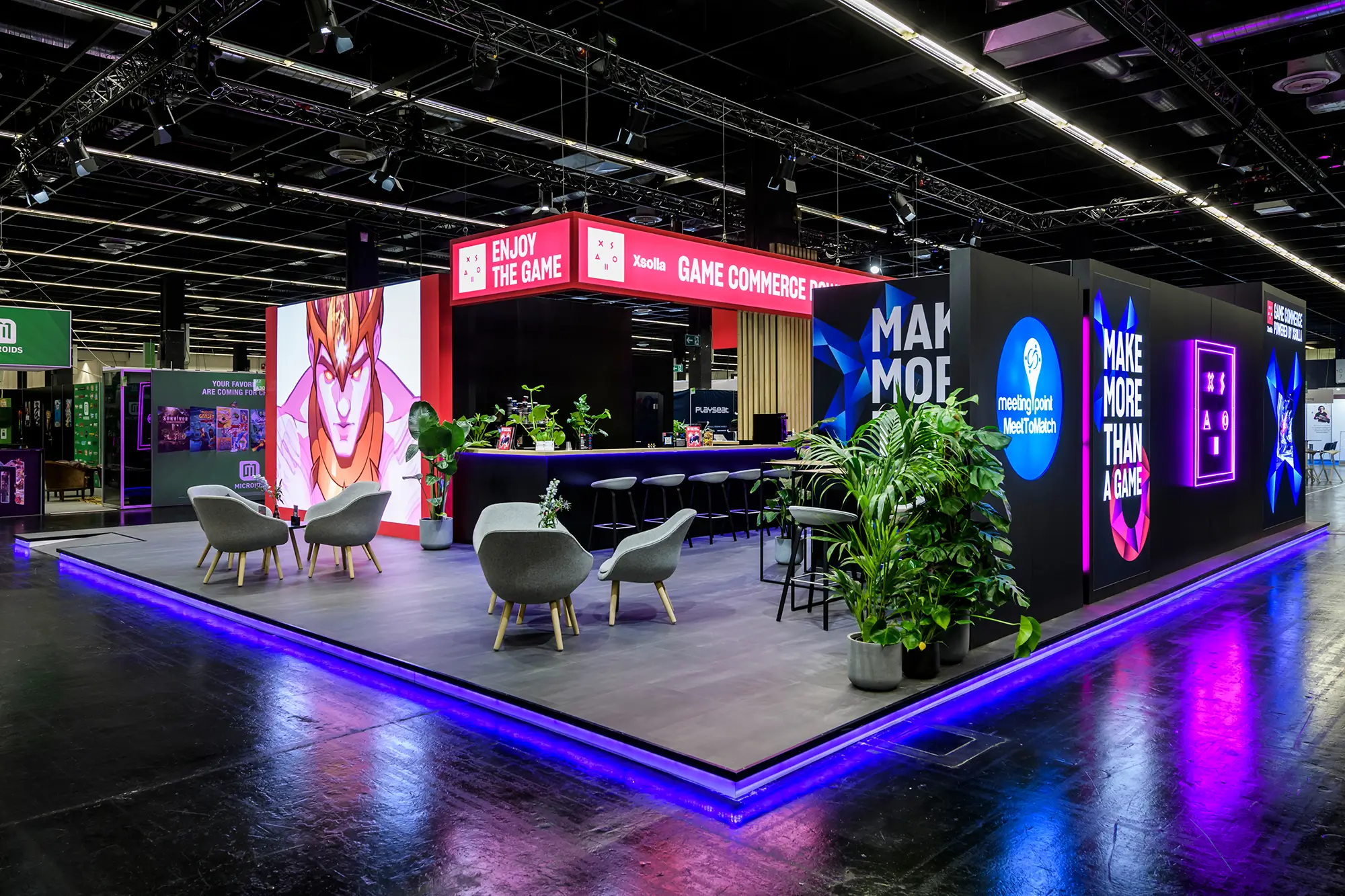 Gamescom Booth von Xsolla auf der Gamescom in Köln, umgesetzt von der Agentur für Messe und Event fivekit.