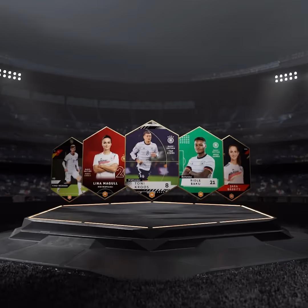 Fanzone Plattform-Launch, fivekit 3D-Design, digitale Sammelkarten.