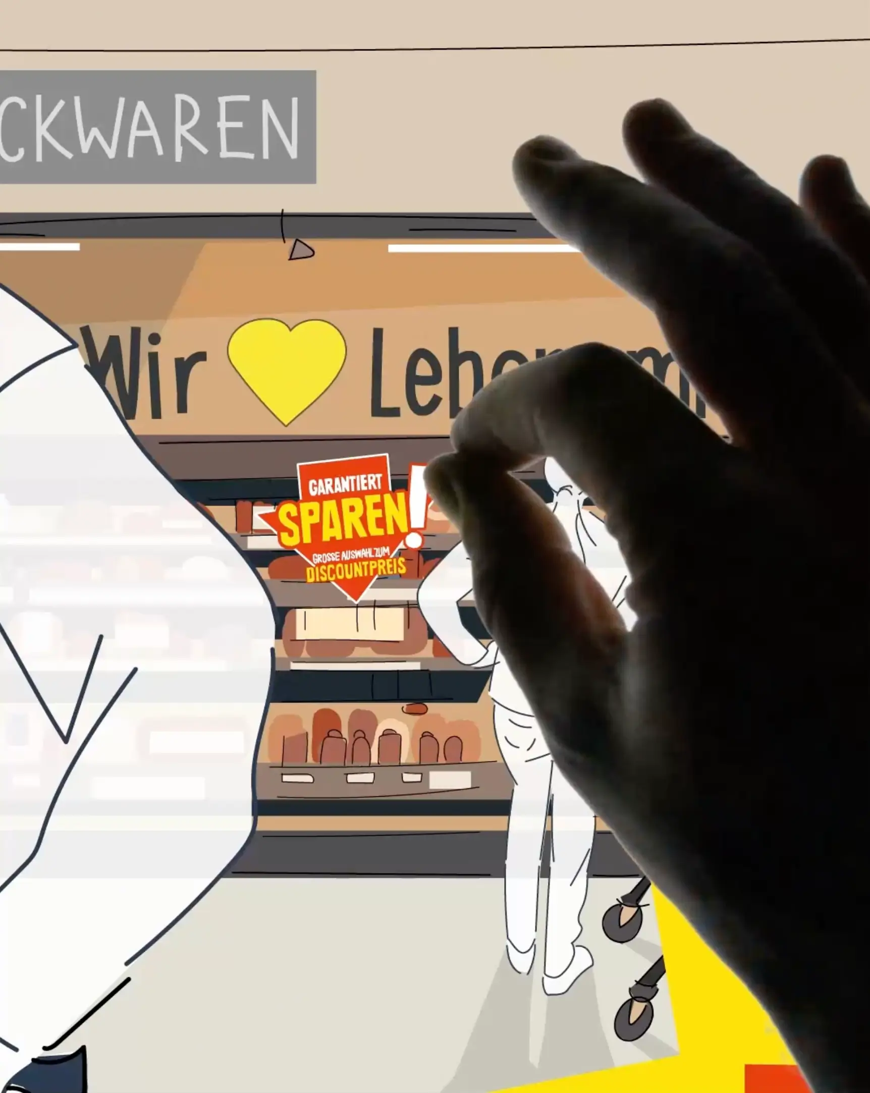 EDEKA Berlin Animation, fivekit, detailreiche Marktillustration.