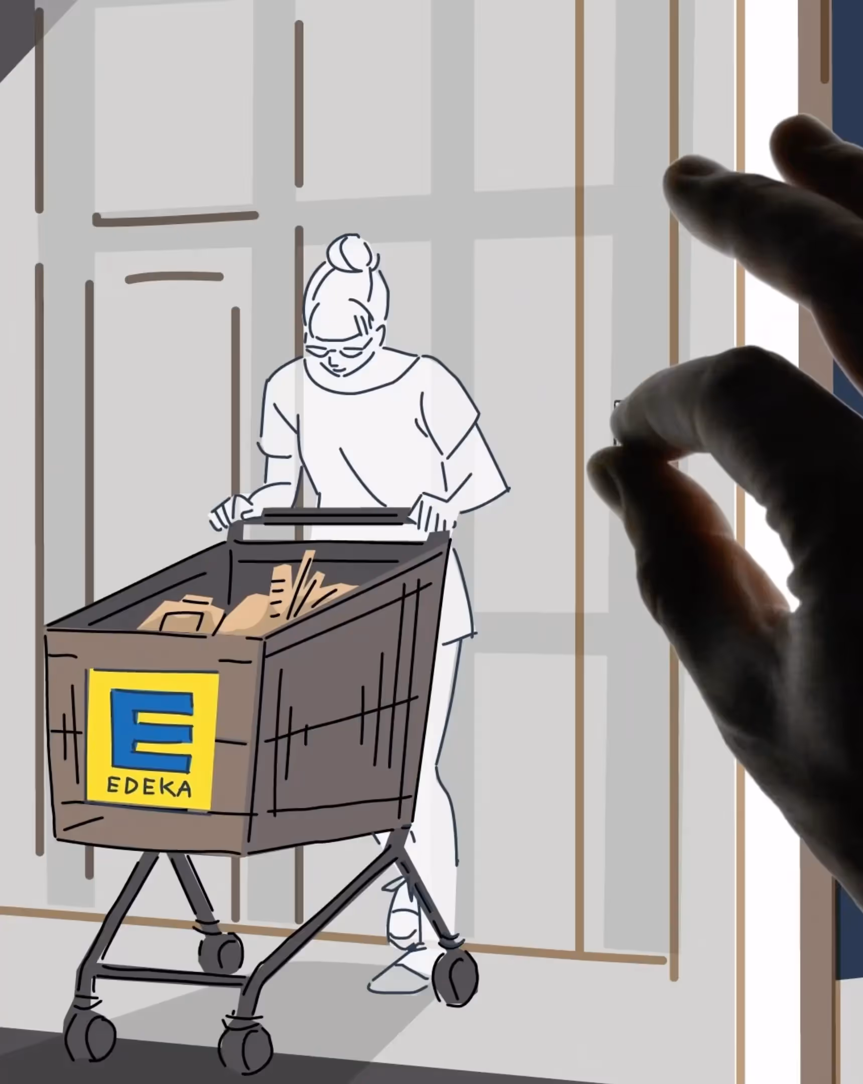 fivekit Kampagnenidee, EDEKA, Zoom durch Käsetheke und Gemüseabteilung.