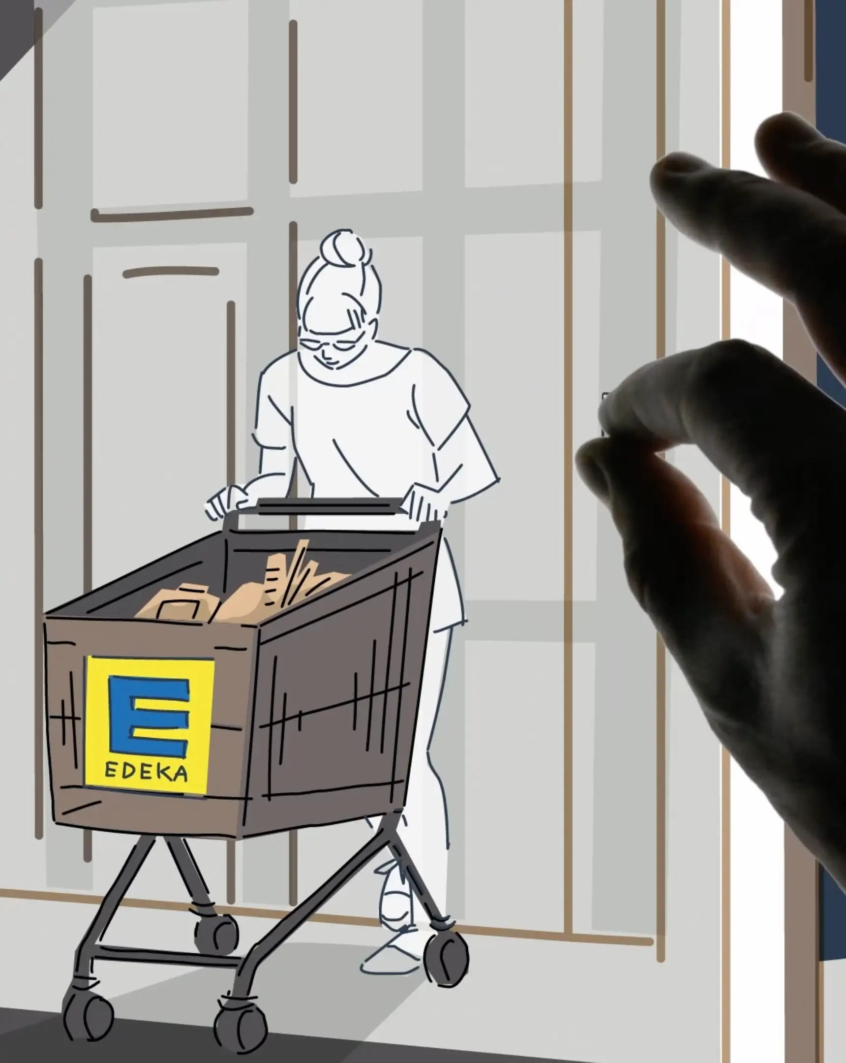 fivekit Kampagnenidee, EDEKA, Zoom durch Käsetheke und Gemüseabteilung.