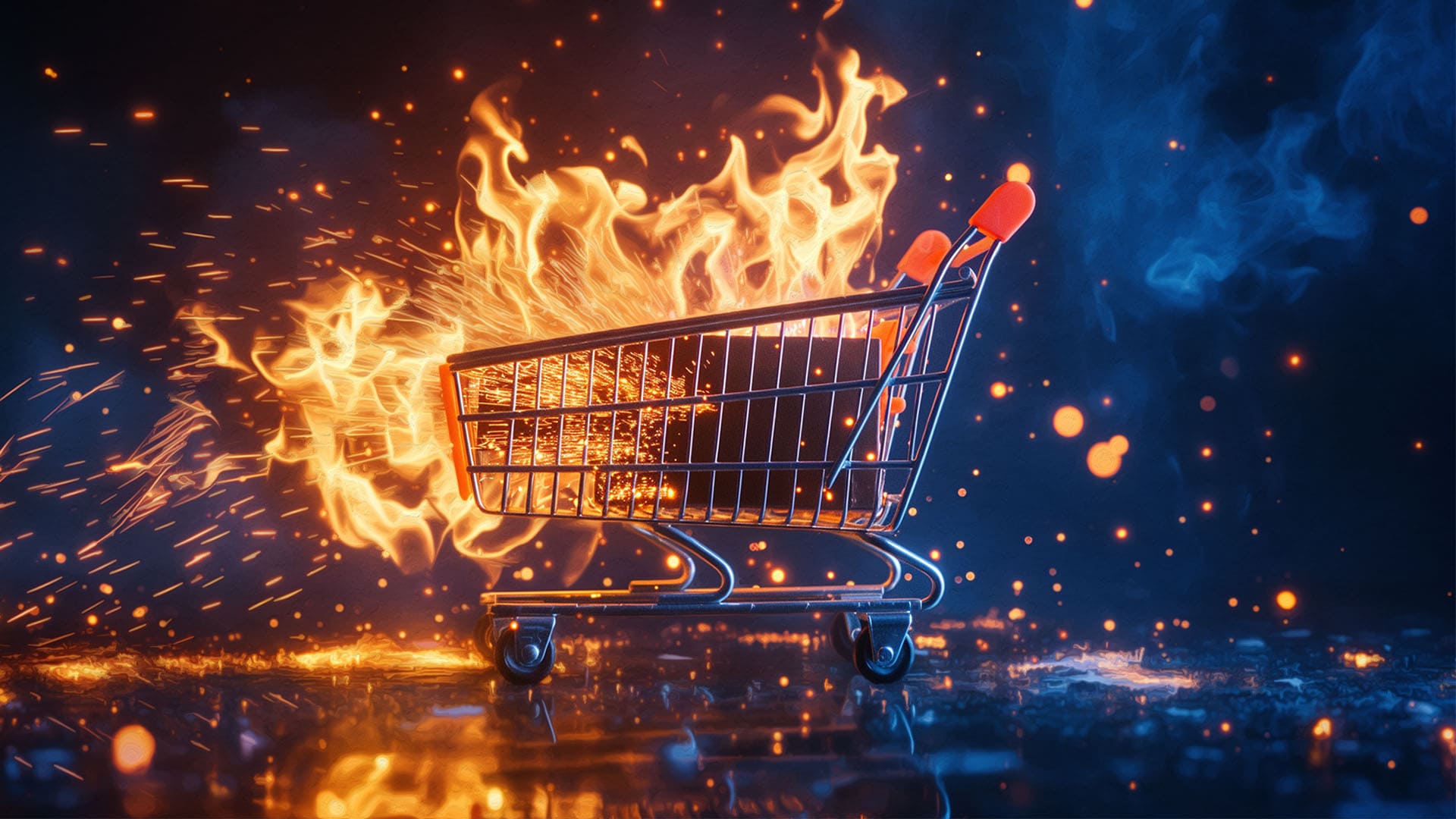 E-commerce branding design tips, ai generated burning shopping cart representing urgency in business & digital marketing