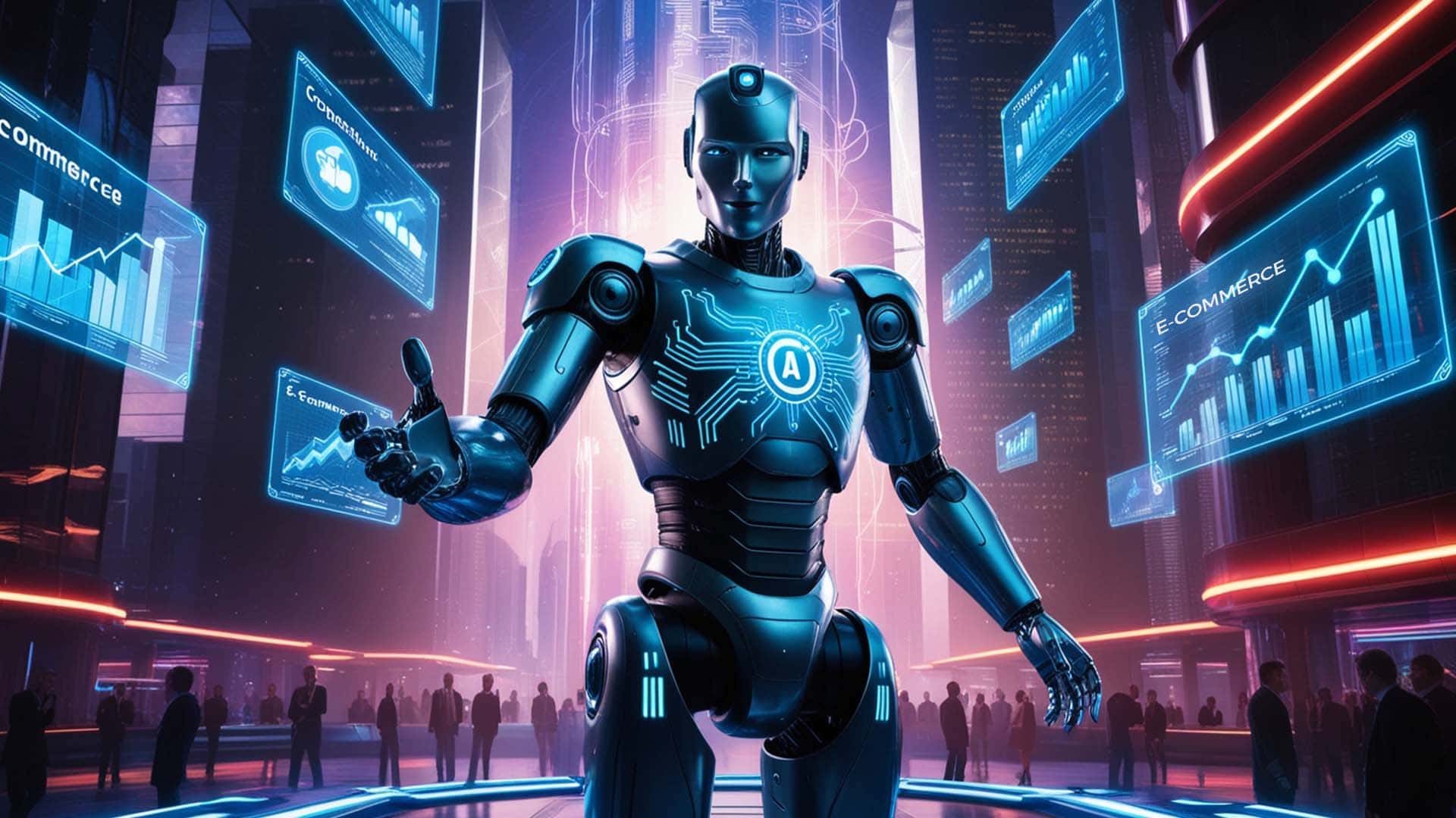 AI Robot mixed with e-commerce business elements in a neon cyberpunk style, digital marketing