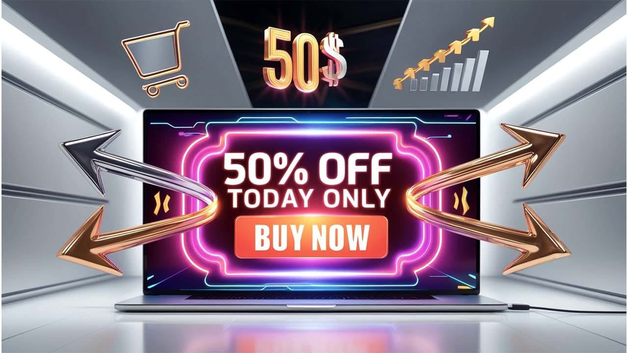 E-commerce branding, digital marketing offer about product benefits, CTA, hook, 50% off, smart advertising ai generated illustration