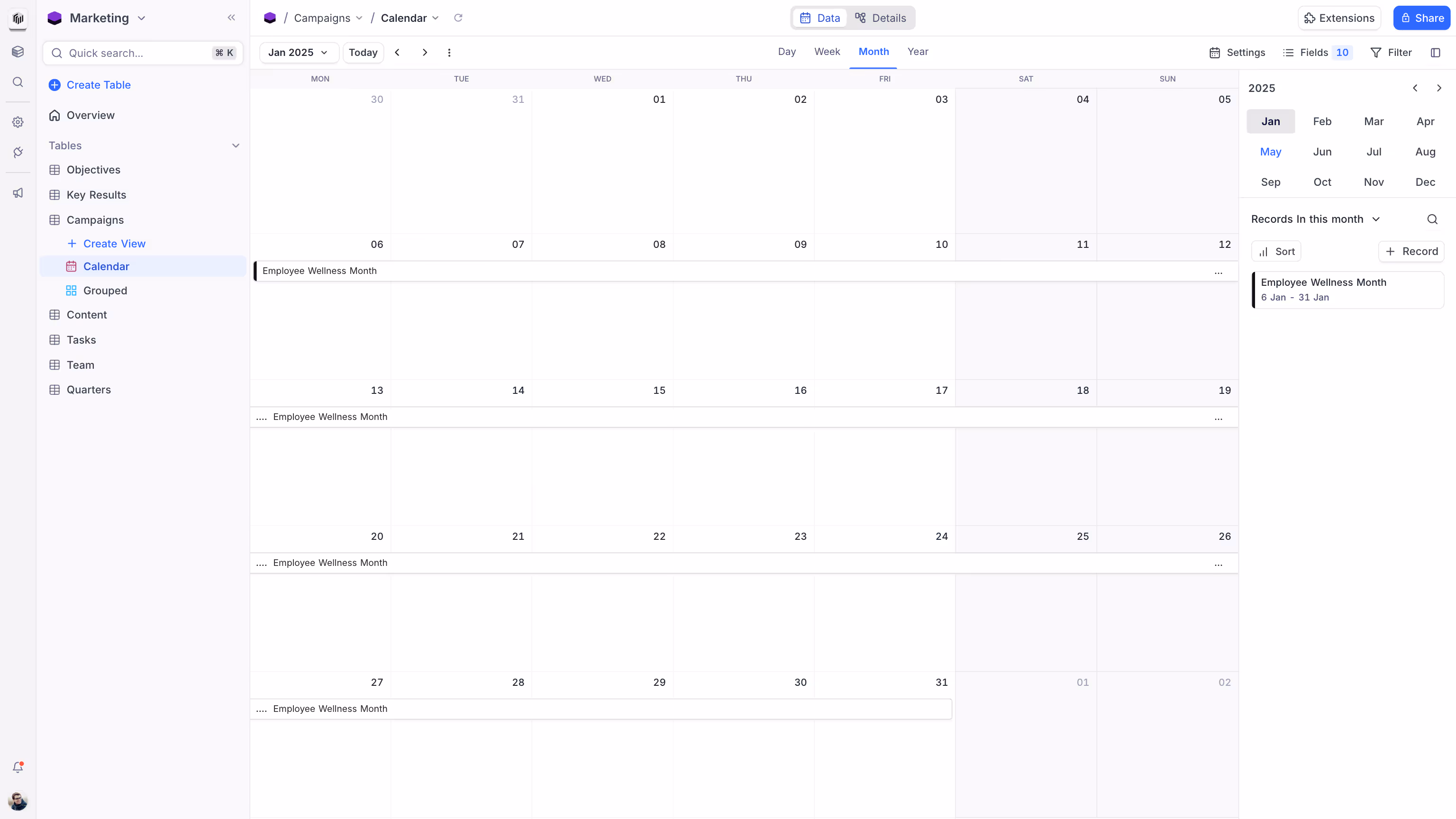 Calendar view of Campaigns table