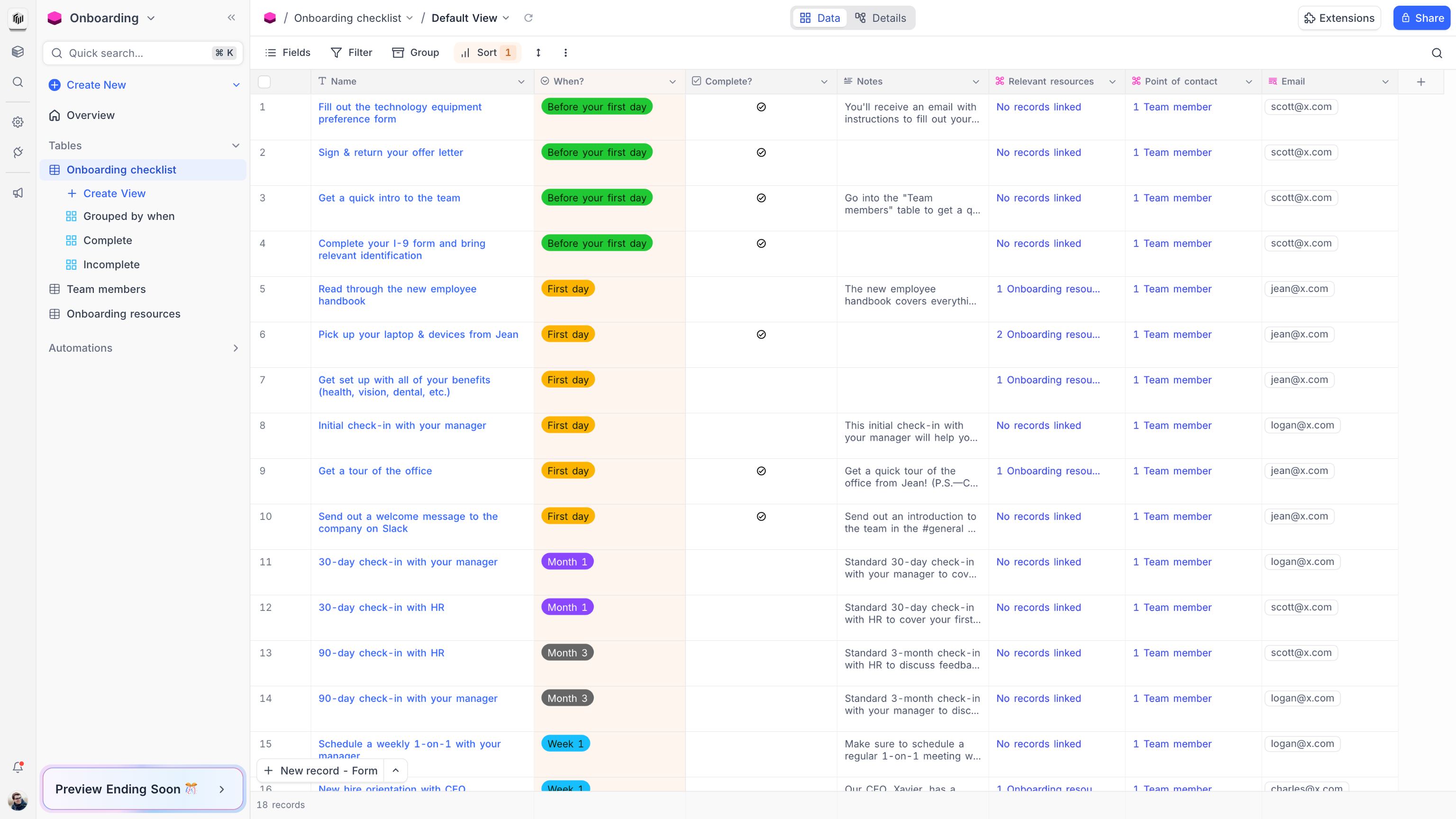 Onboarding checklist table