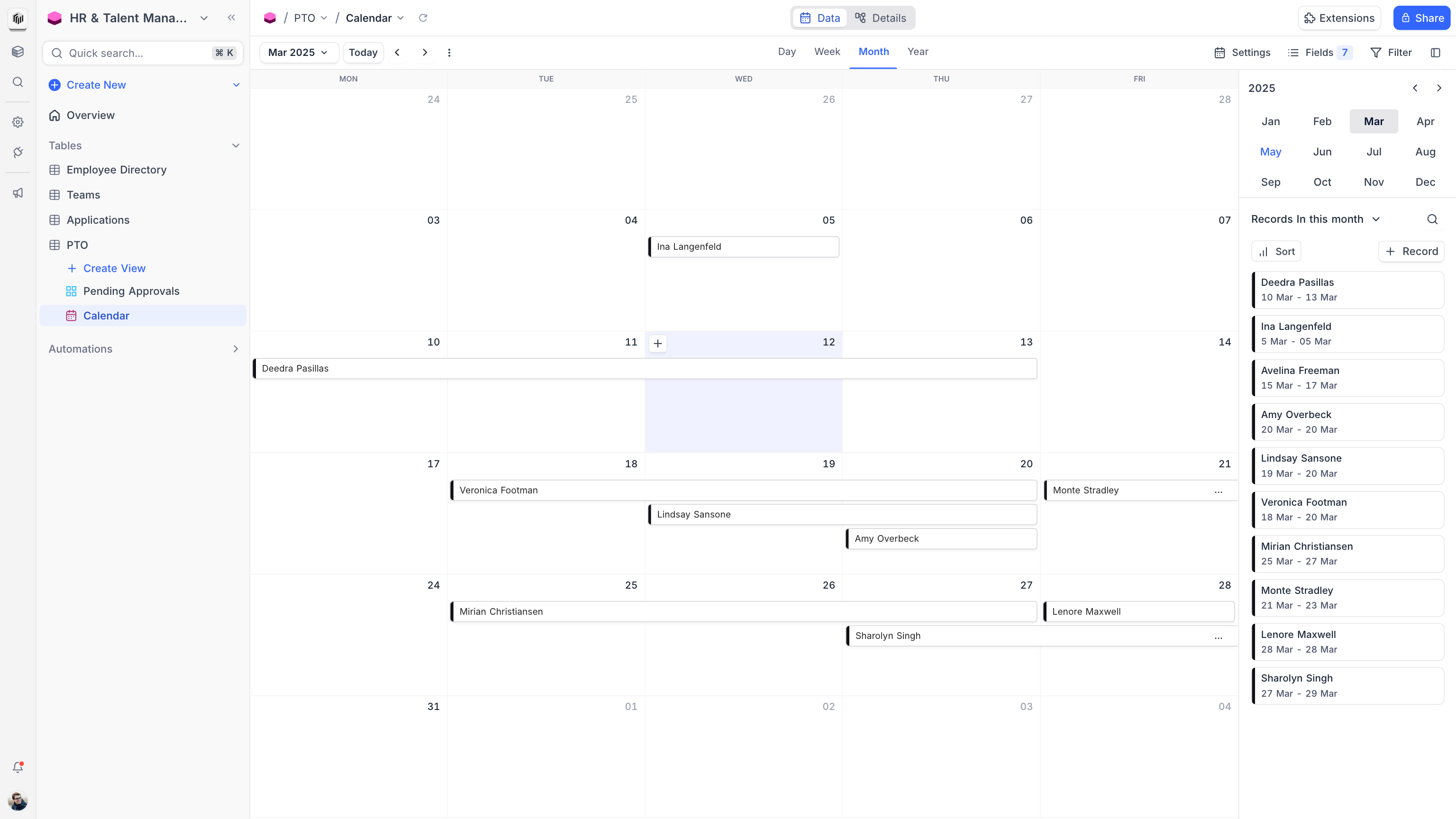 PTO calendar of employees