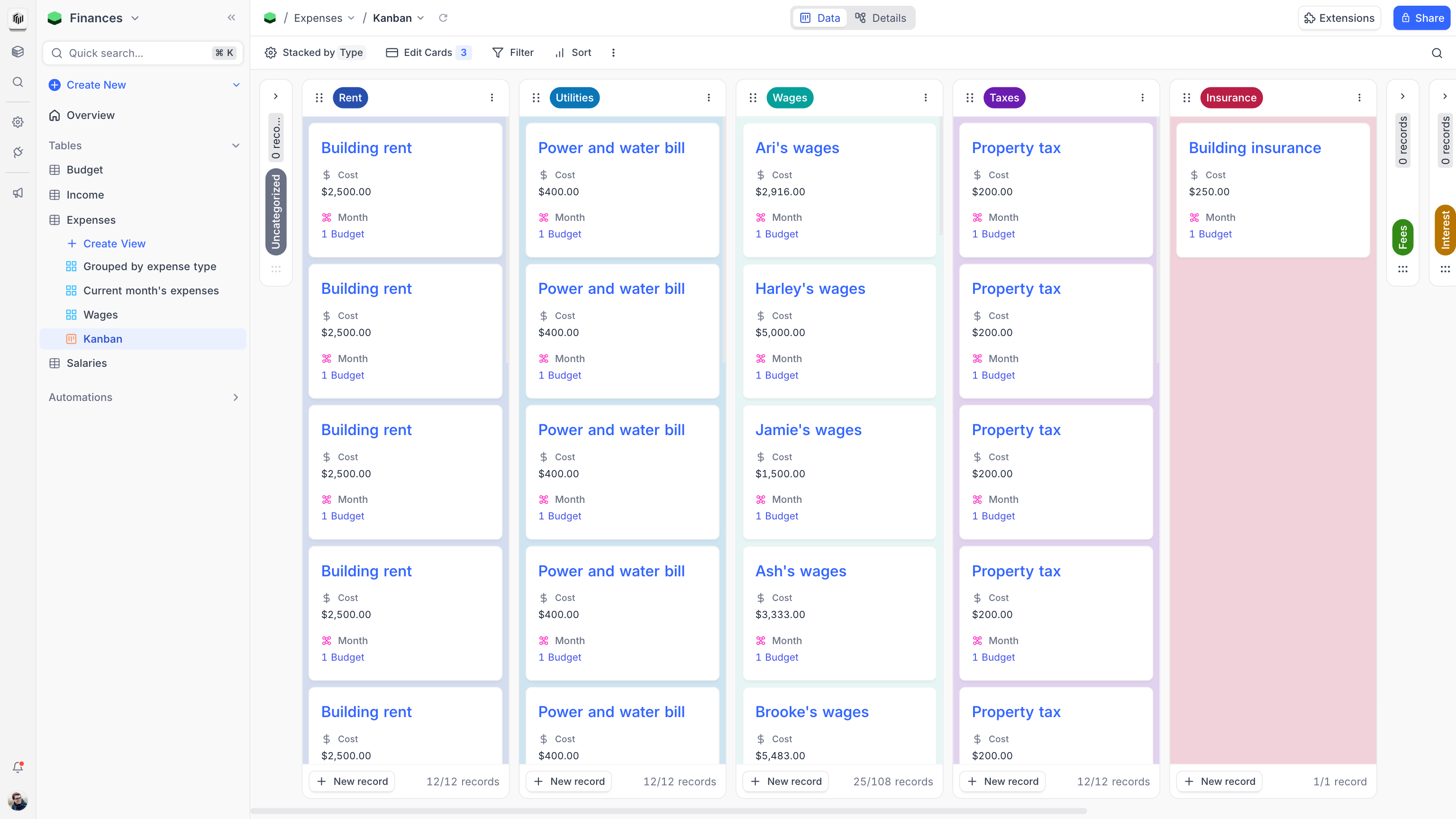 Kanban view of expenses