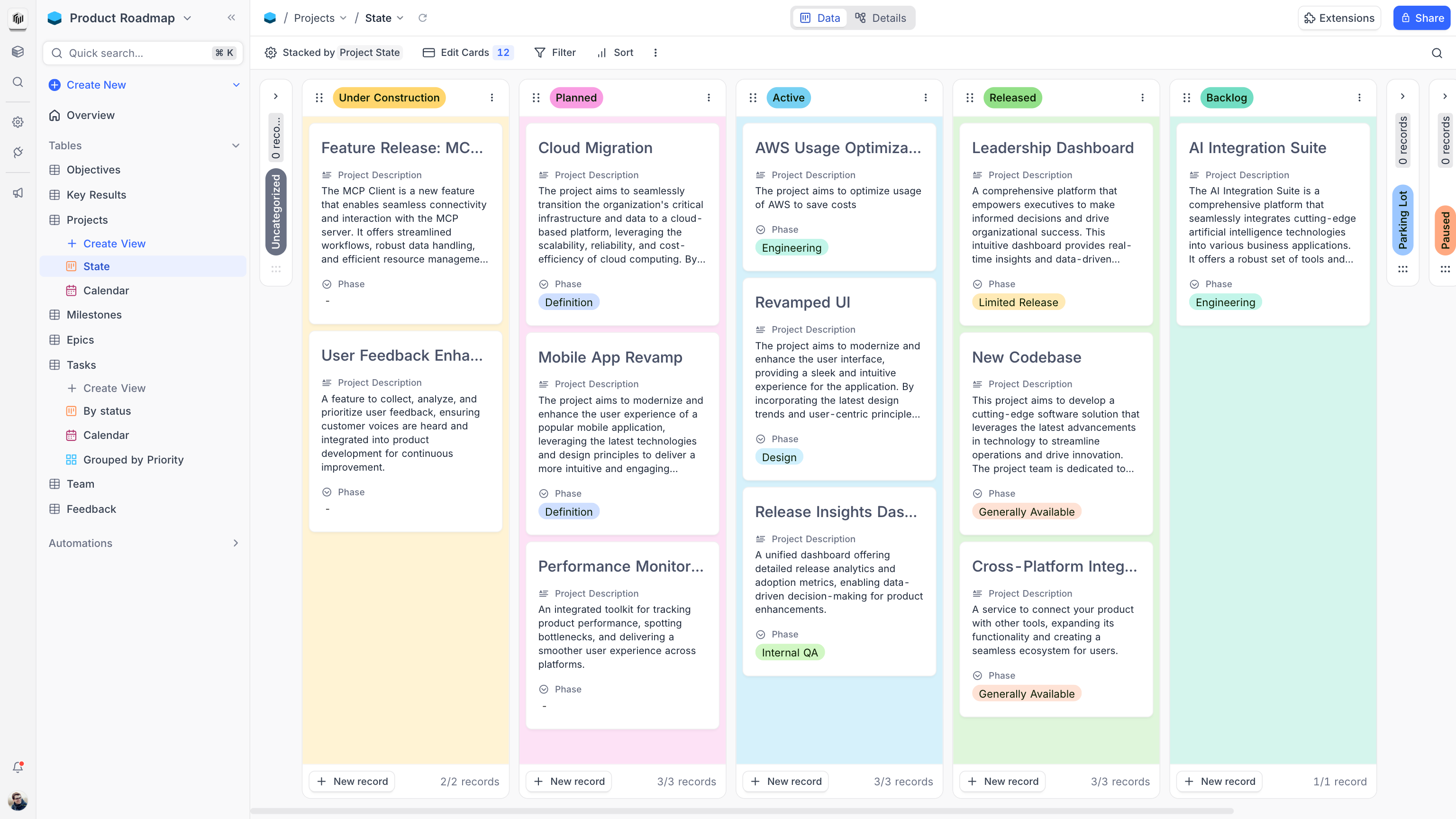 Tasks table in a product management base